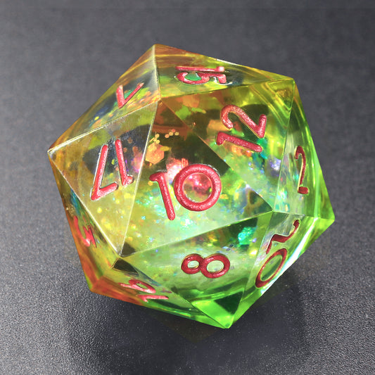 Liquid Core DnD Dice Set  7 Piece Sharp Edge Resin DND Dice - Liquid Yellow and Green