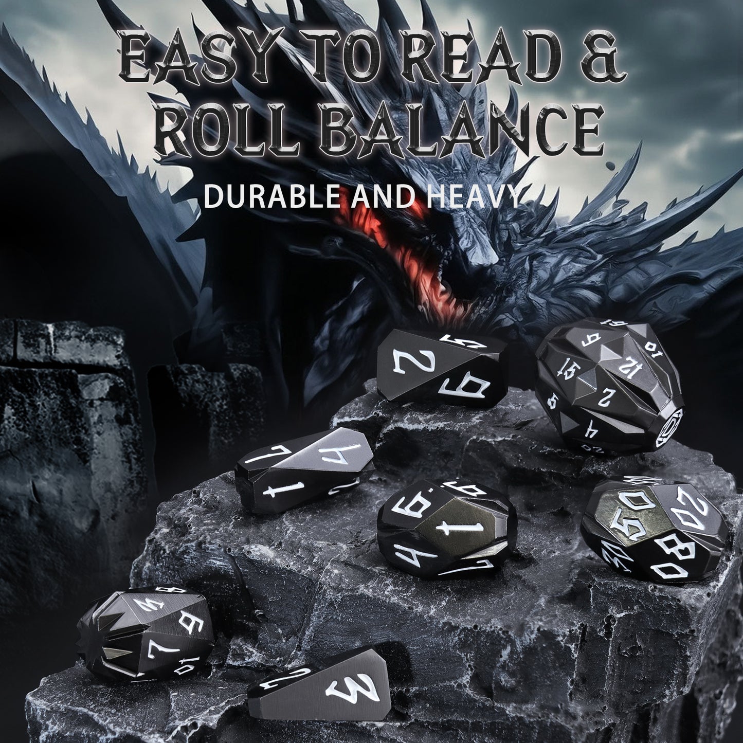 Metal DND Dice Set D&D, Dungeons and Dragons Dice of 7 RPG Dice Set Metal Unique Cool Stonehenge Theme Polyhedral Dice - Black white