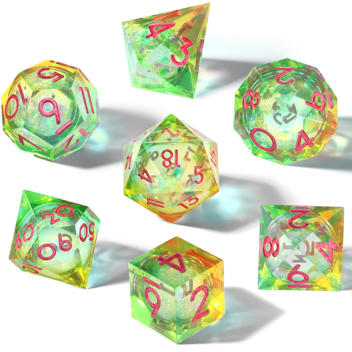 Liquid Core D&D Dice Set 7 Piece Sharp Edge Resin DND Dice - Liquid Yellow and Green