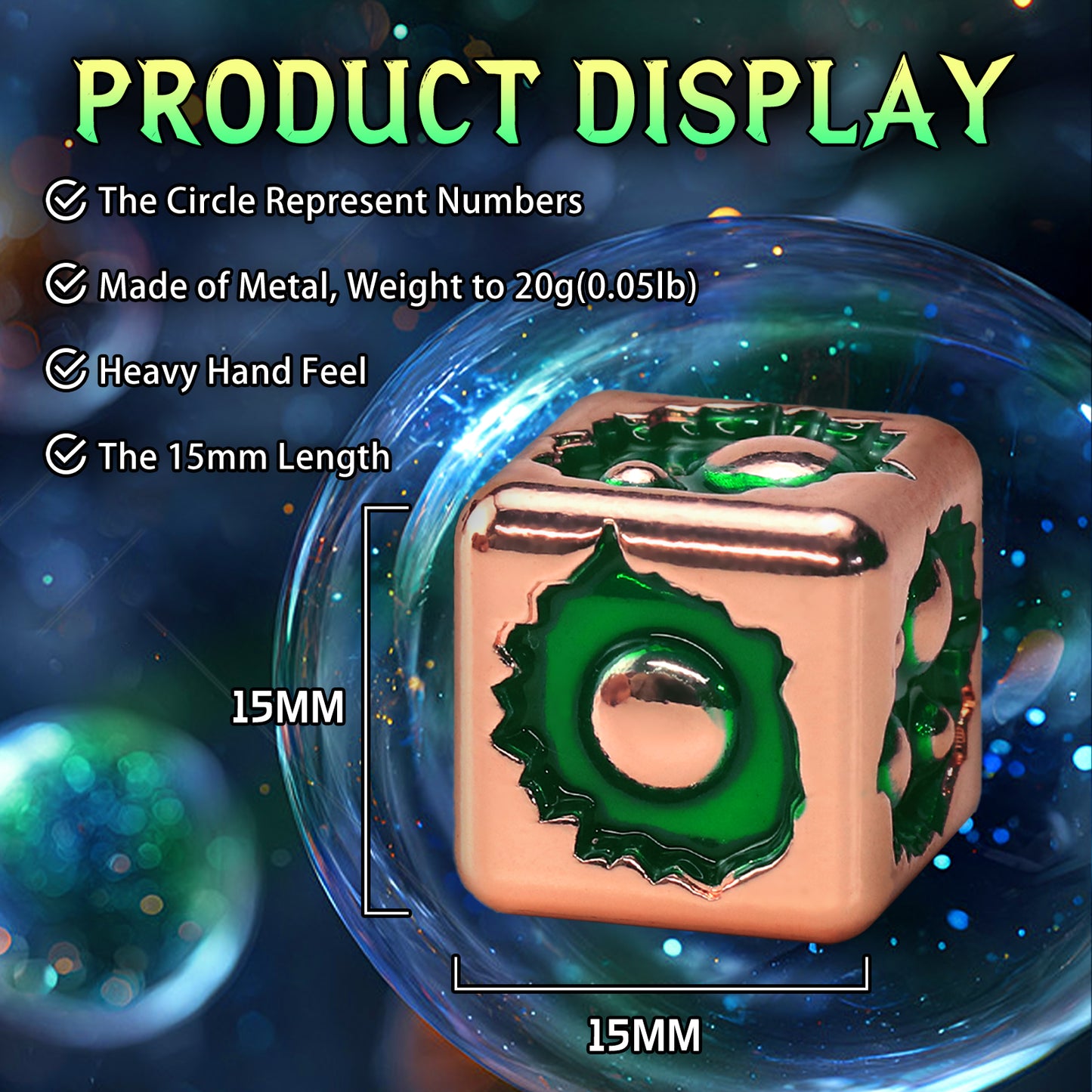 D6 Dice Set of 6,Metal 6 Sided Dice-Rose Gold Green