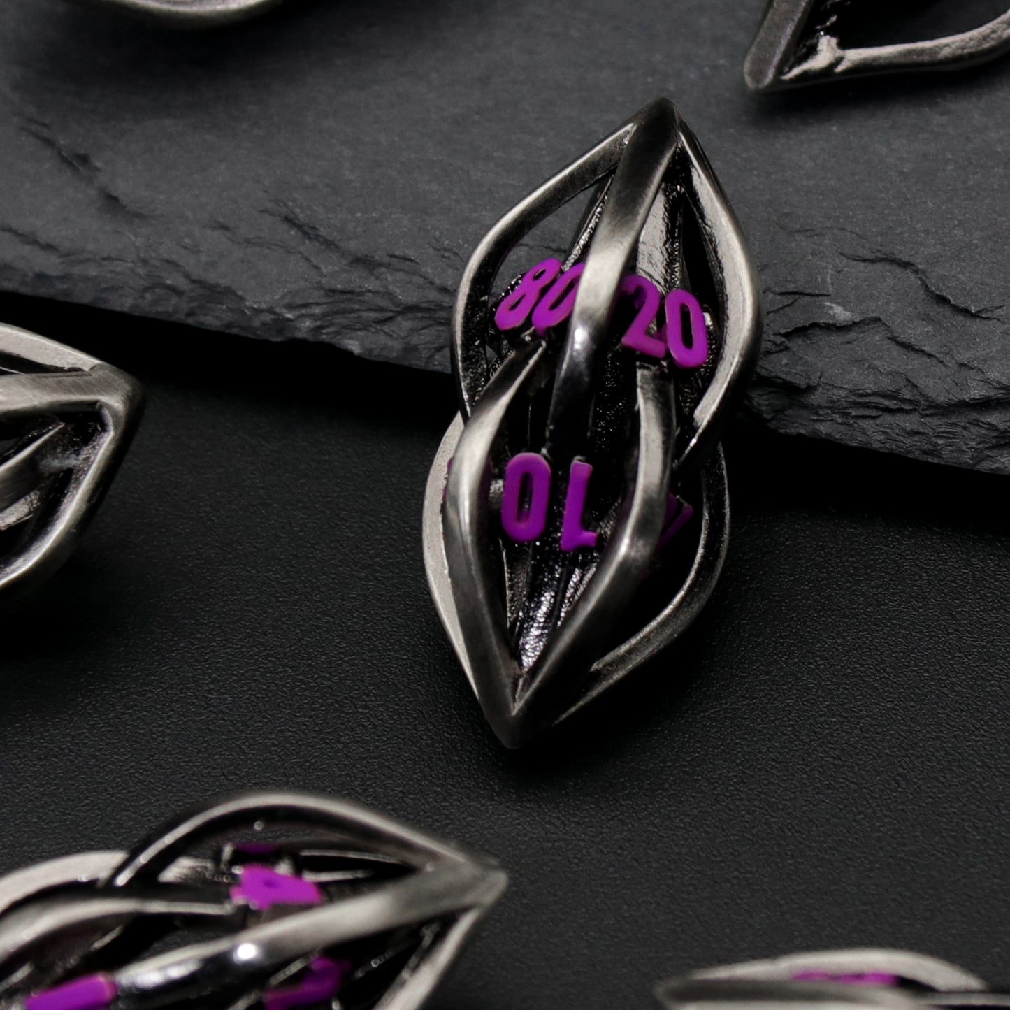 Arcanum DND Metal dice,Role Playing Gaming Dice Metal Dice Set D&D with Box Hollow Polyhedral Dice - Purple Number