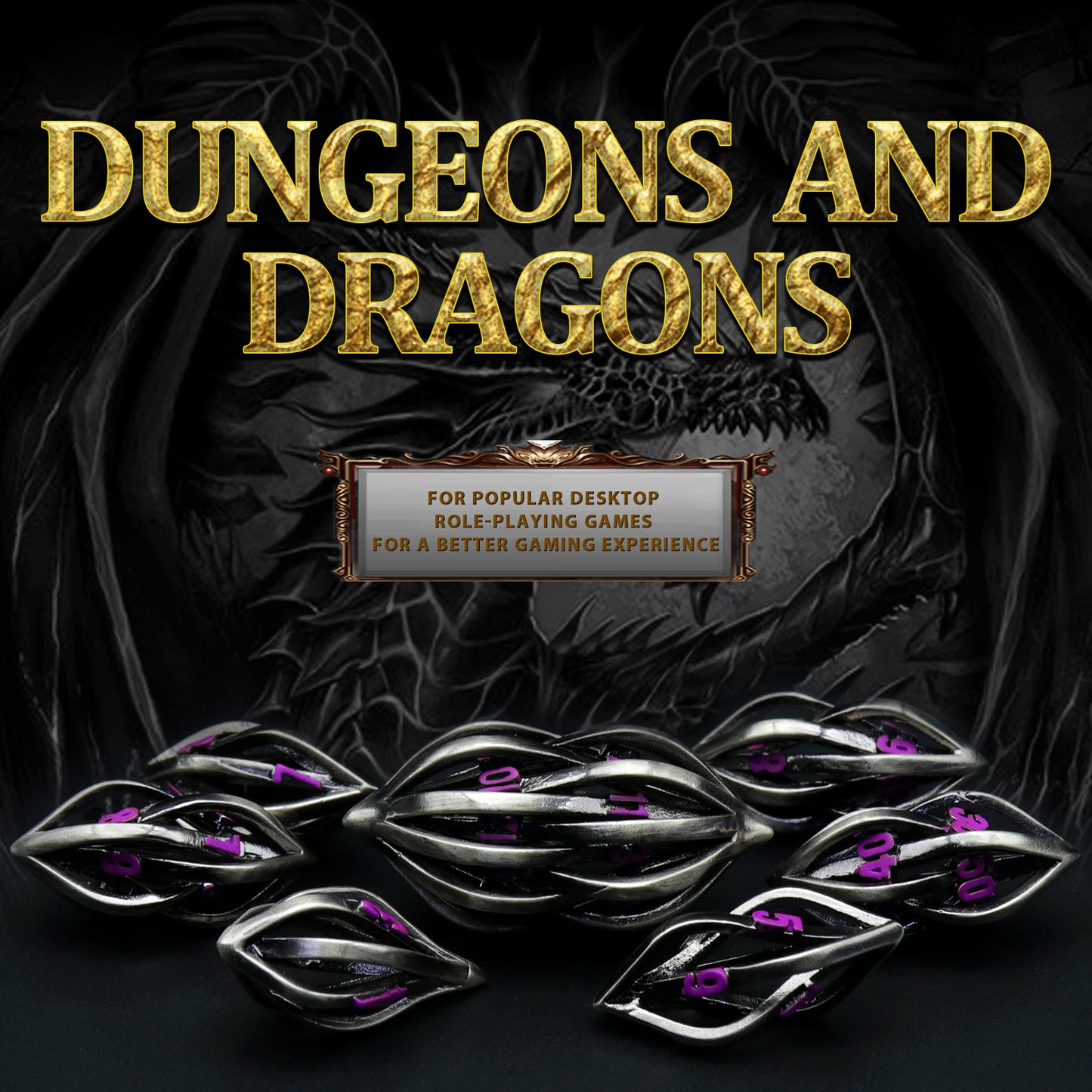 Arcanum DND Metal dice,Role Playing Gaming Dice Metal Dice Set D&D with Box Hollow Polyhedral Dice - Purple Number