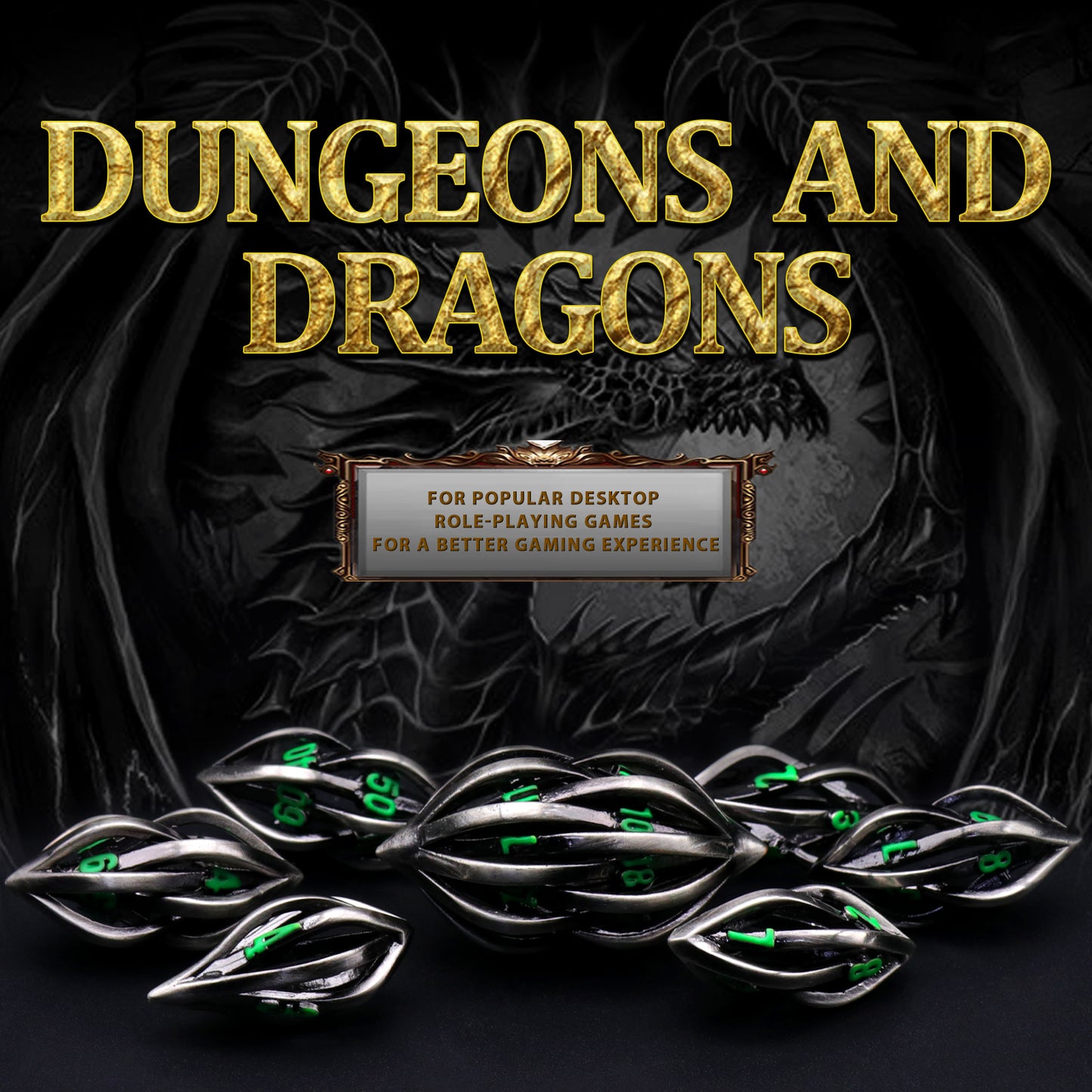 Arcanum DND Metal dice,Role Playing Gaming Dice Metal Dice Set D&D with Box Hollow Polyhedral Dice - Green Number