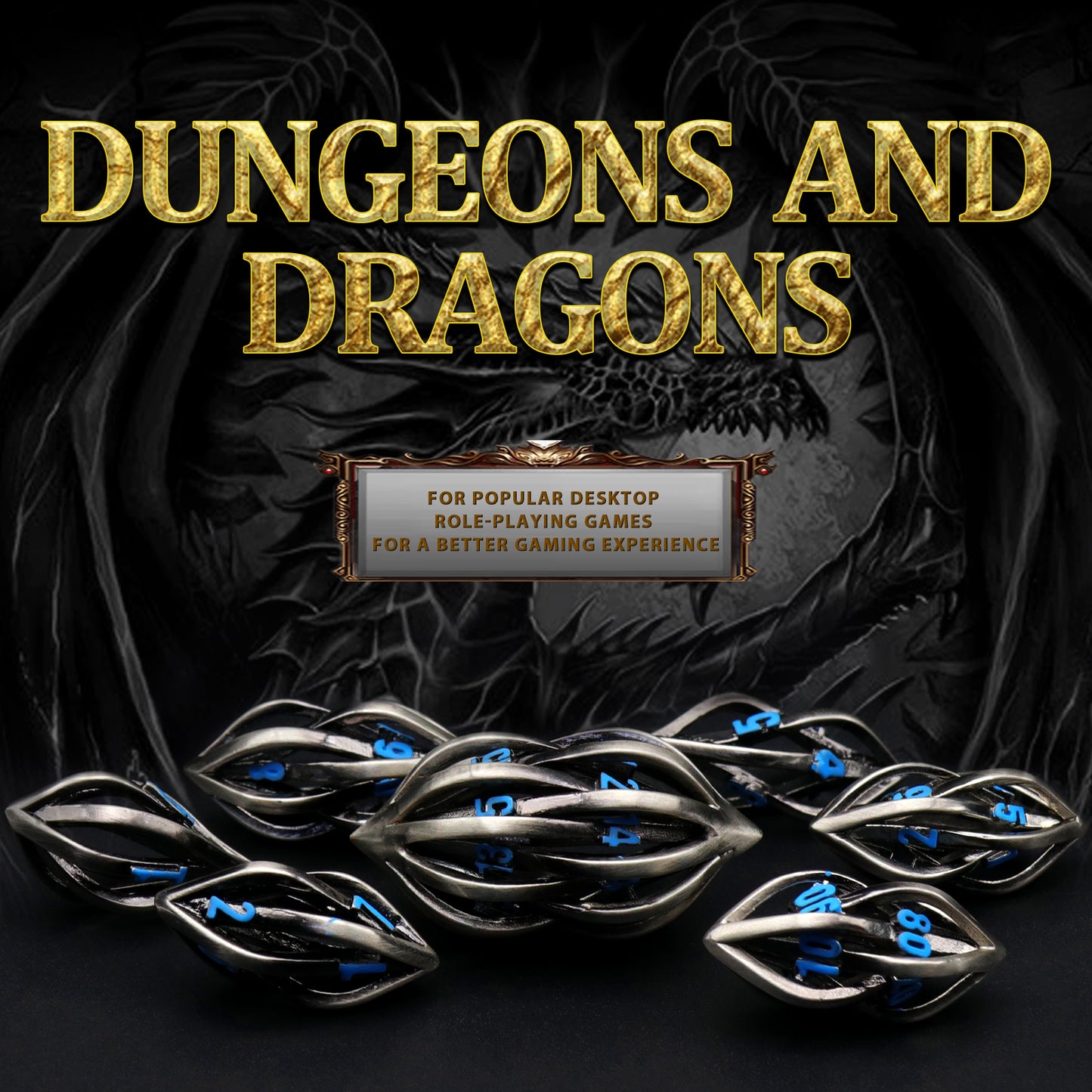 Arcanum DND Metal dice,Role Playing Gaming Dice Metal Dice Set D&D with Box Hollow Polyhedral Dice - Blue Number