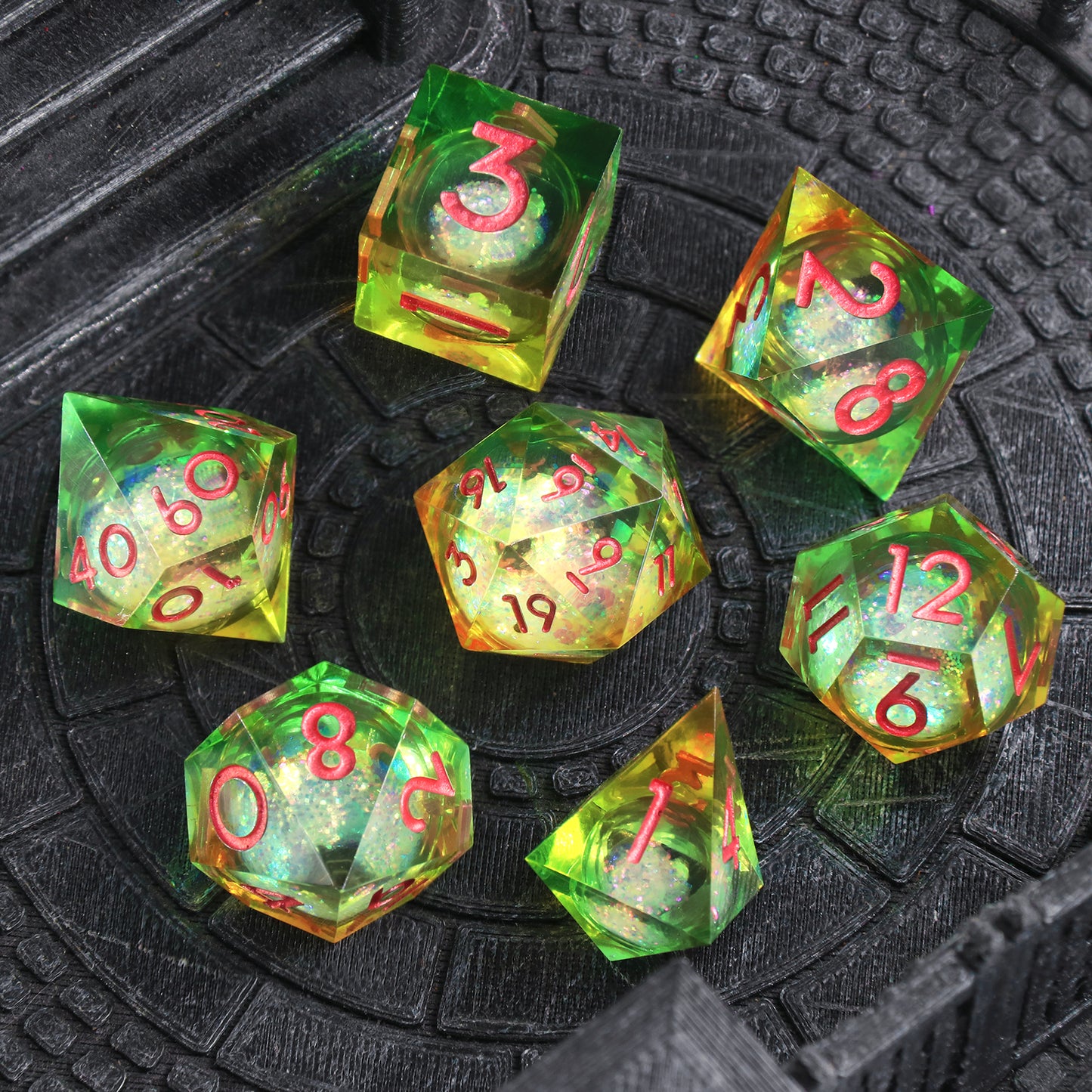 Liquid Core D&D Dice Set 7 Piece Sharp Edge Resin DND Dice - Liquid Yellow and Green