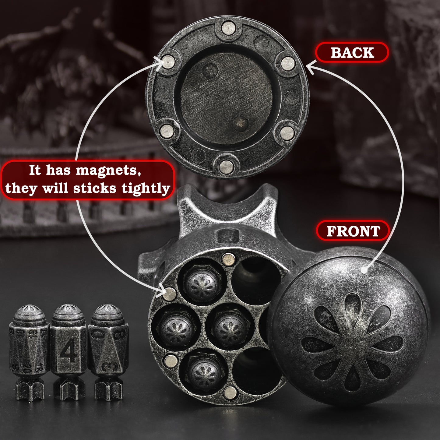 Missile Metal Dice Set D&D of 7 with Spinning Missile Shaped Container -Antique Sliver