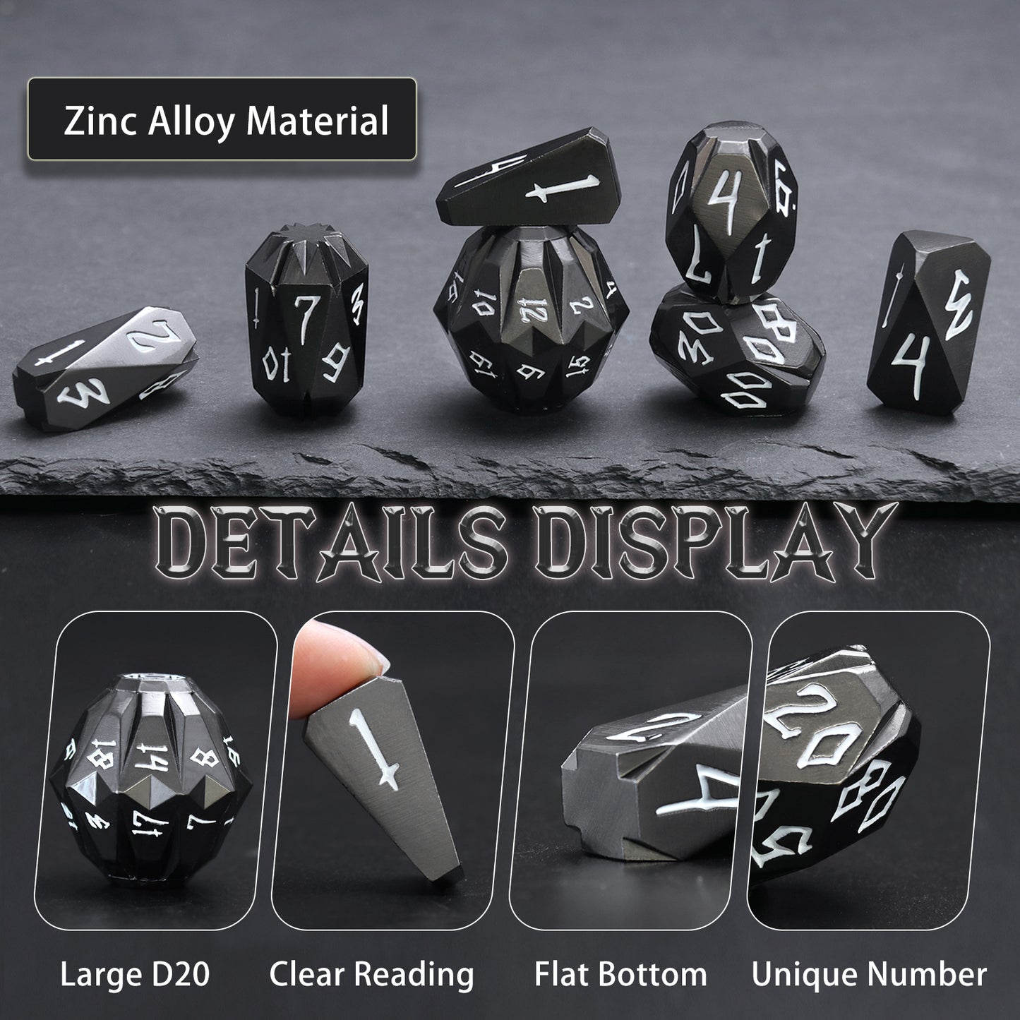 Metal DND Dice Set D&D, Dungeons and Dragons Dice of 7 RPG Dice Set Metal Unique Cool Stonehenge Theme Polyhedral Dice - Black white