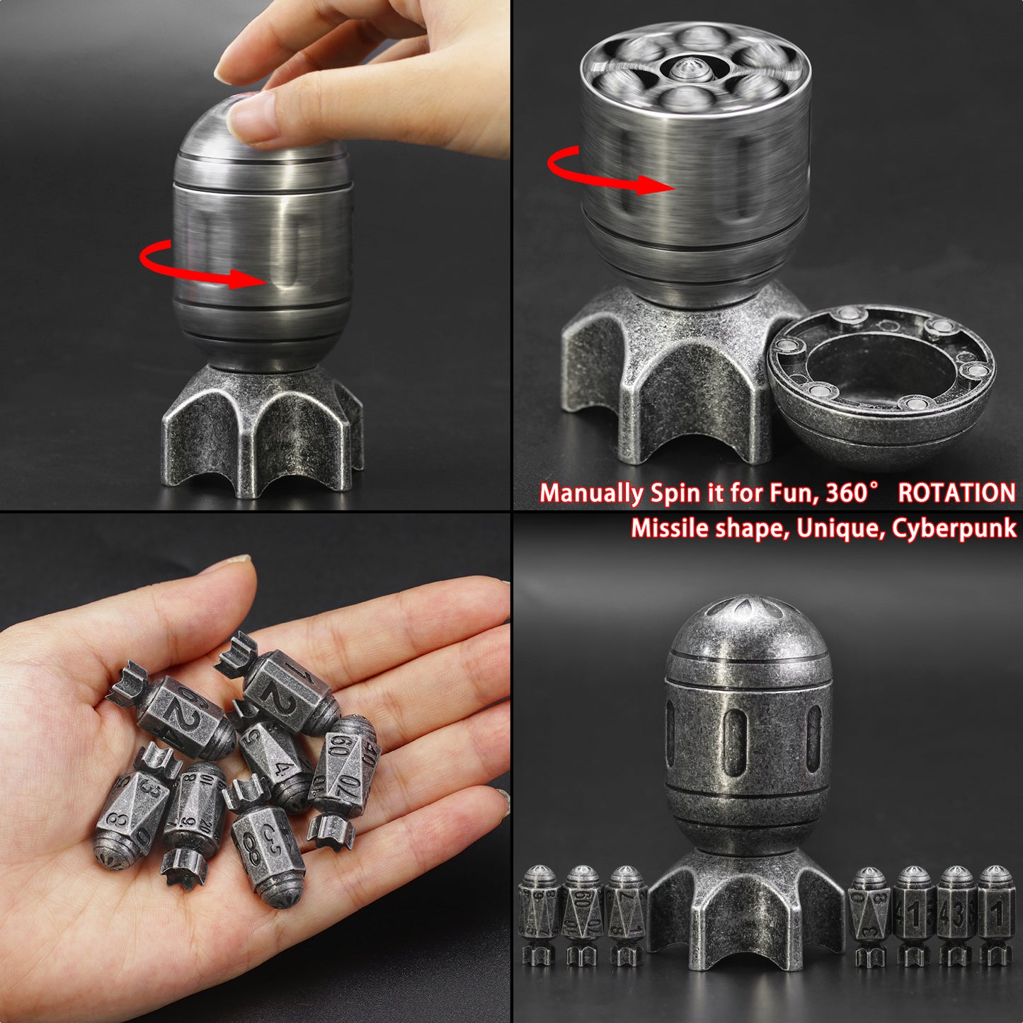 Missile Metal Dice Set D&D of 7 with Spinning Missile Shaped Container -Antique Sliver