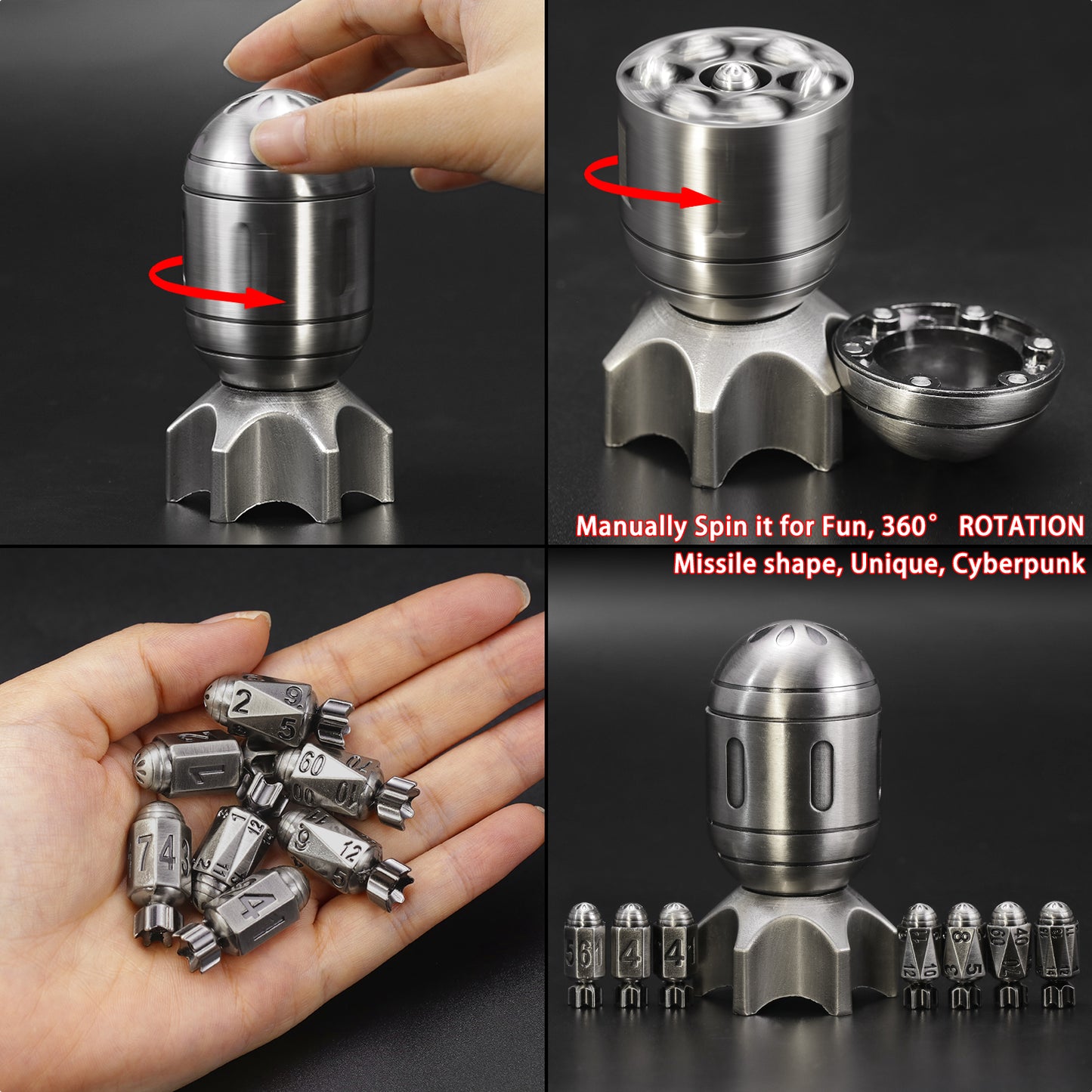 Missile Metal Dice Set D&D of 7 with Spinning Missile Shaped Container - Sliver