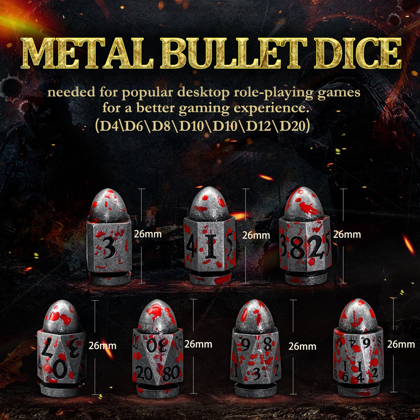 DND Metal Bullet Dice Set, Metal Dice for Dungeons and Dragons Dice Set D&D RPG D and D Dice - Blood Antique Sliver