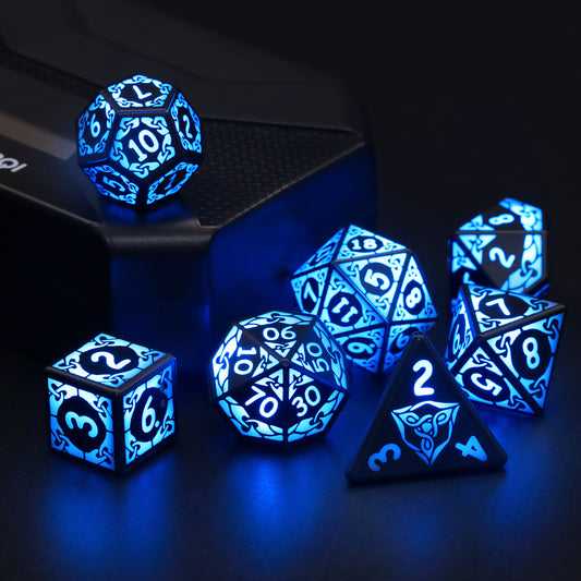 LED Dice Set 7PCS , DND Dice Rechargeable with Charging Box, Dungeon and Dragons Dice USB Port Charging,Blue Light up Dice For Role Playing Dice Table Games