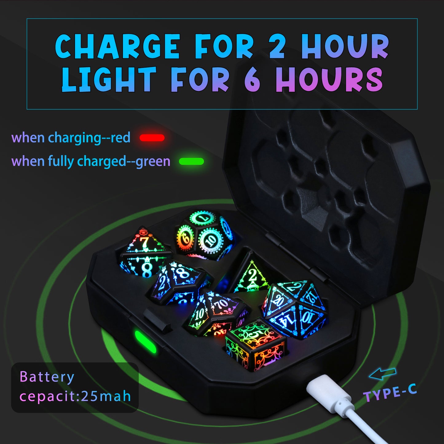 DND Light up Dice, Dungeons and Dragons Dice Set LED Dice Dice, Rechargeable Polyhedral Glow in The Dark Dice for Ttrpg Role Playing Game RGB