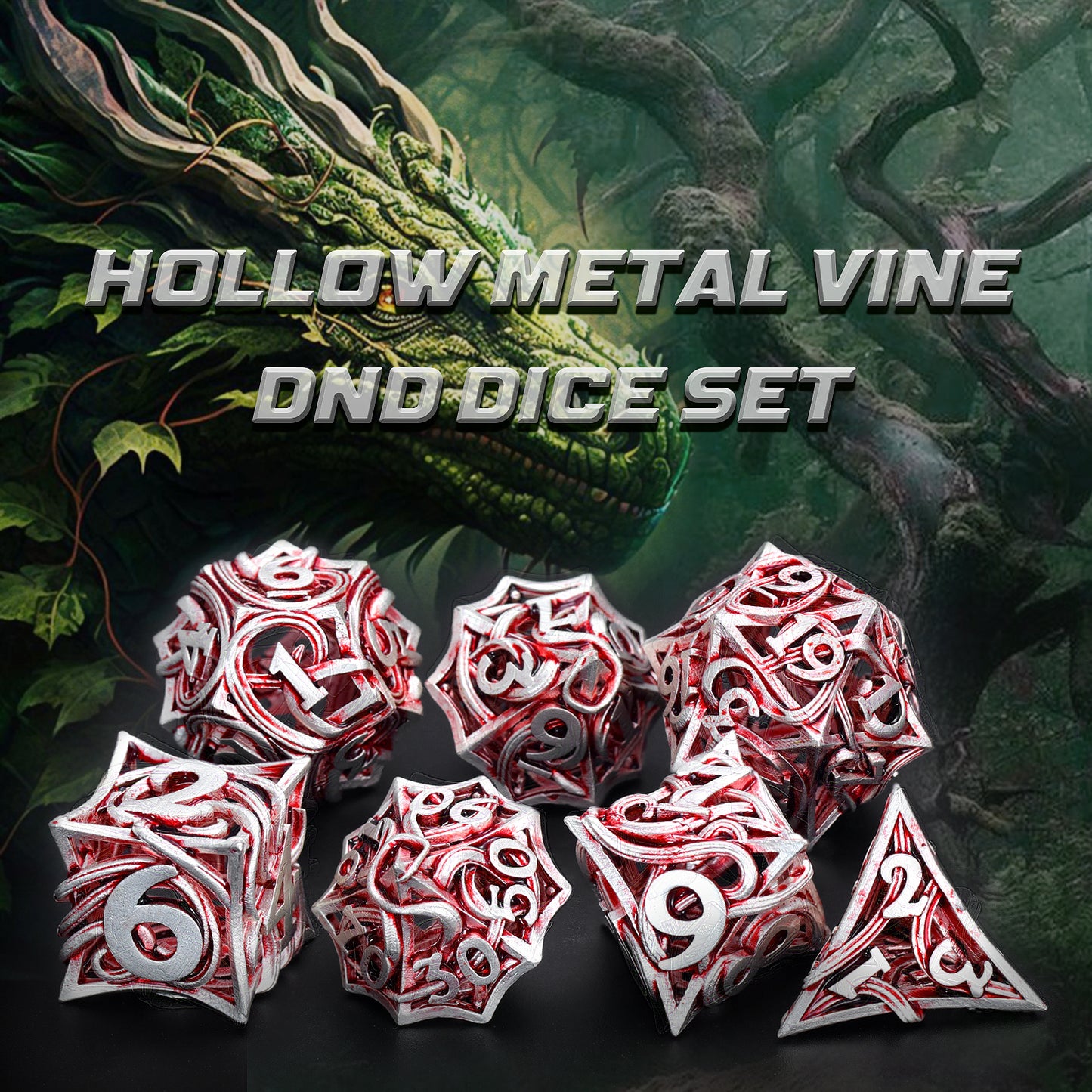 Metal DND Dice Set of 7 Hollow Polyhedral Metal Vine Dice Set - Red
