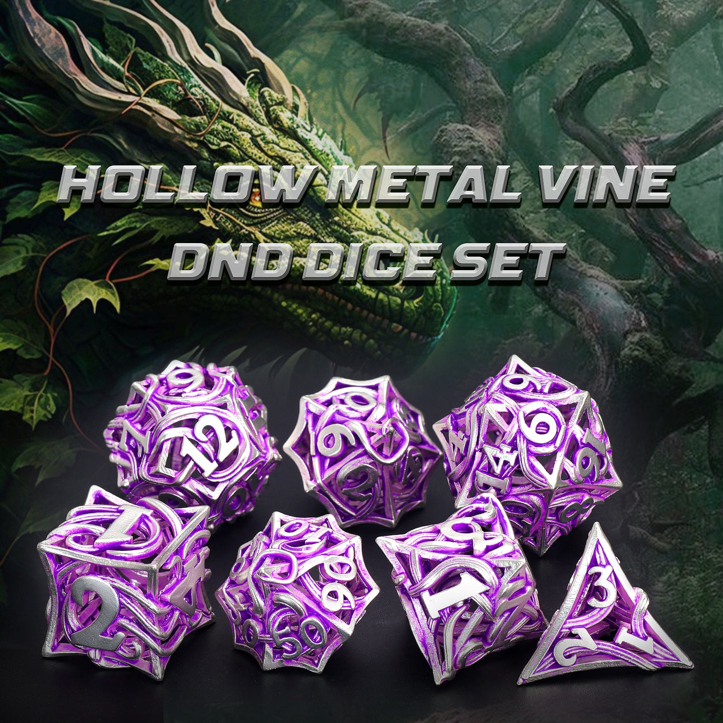 Metal DND Dice Set of 7 Hollow Polyhedral Metal Vine Dice Set - Purple