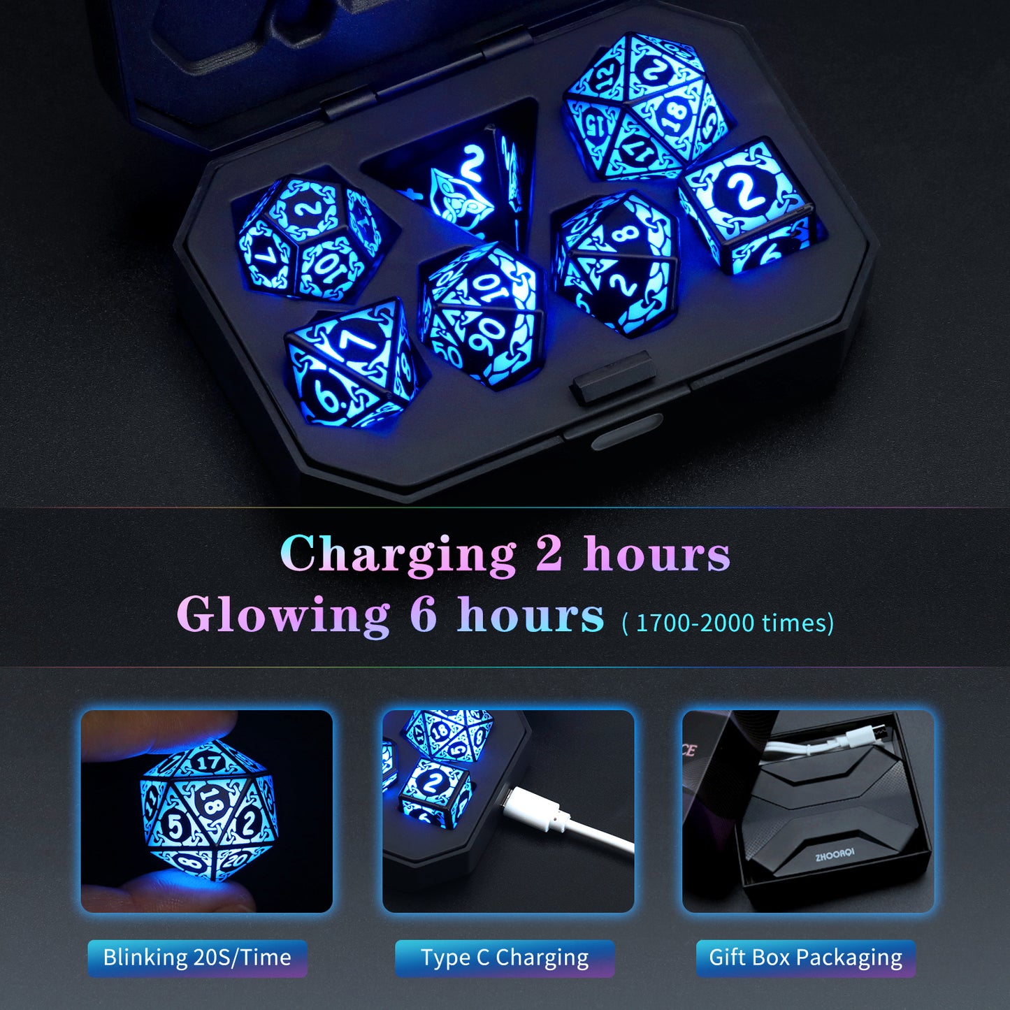 LED Dice Set 7PCS , DND Dice Rechargeable with Charging Box, Dungeon and Dragons Dice USB Port Charging,Blue Light up Dice For Role Playing Dice Table Games