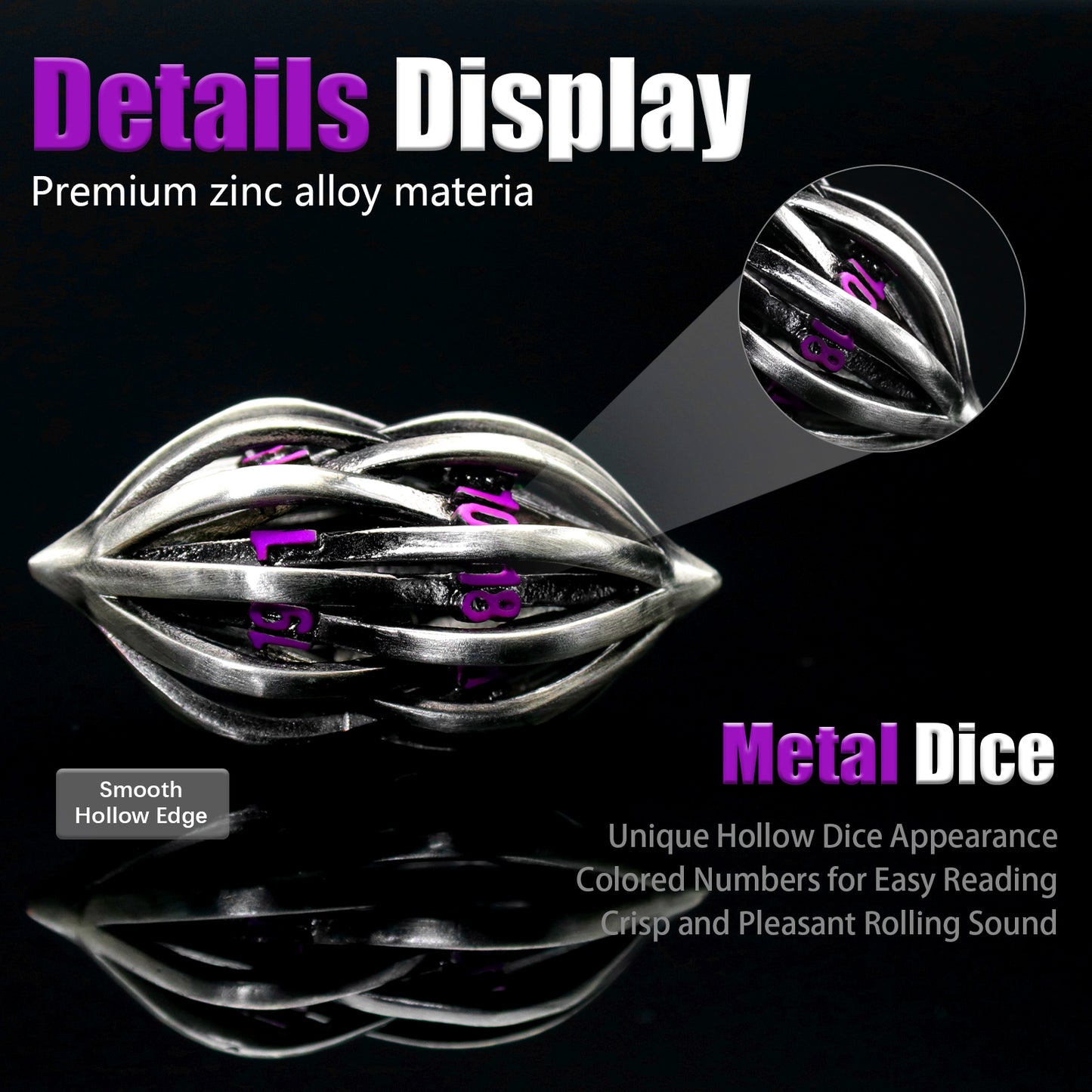 Arcanum DND Metal dice,Role Playing Gaming Dice Metal Dice Set D&D with Box Hollow Polyhedral Dice - Purple Number