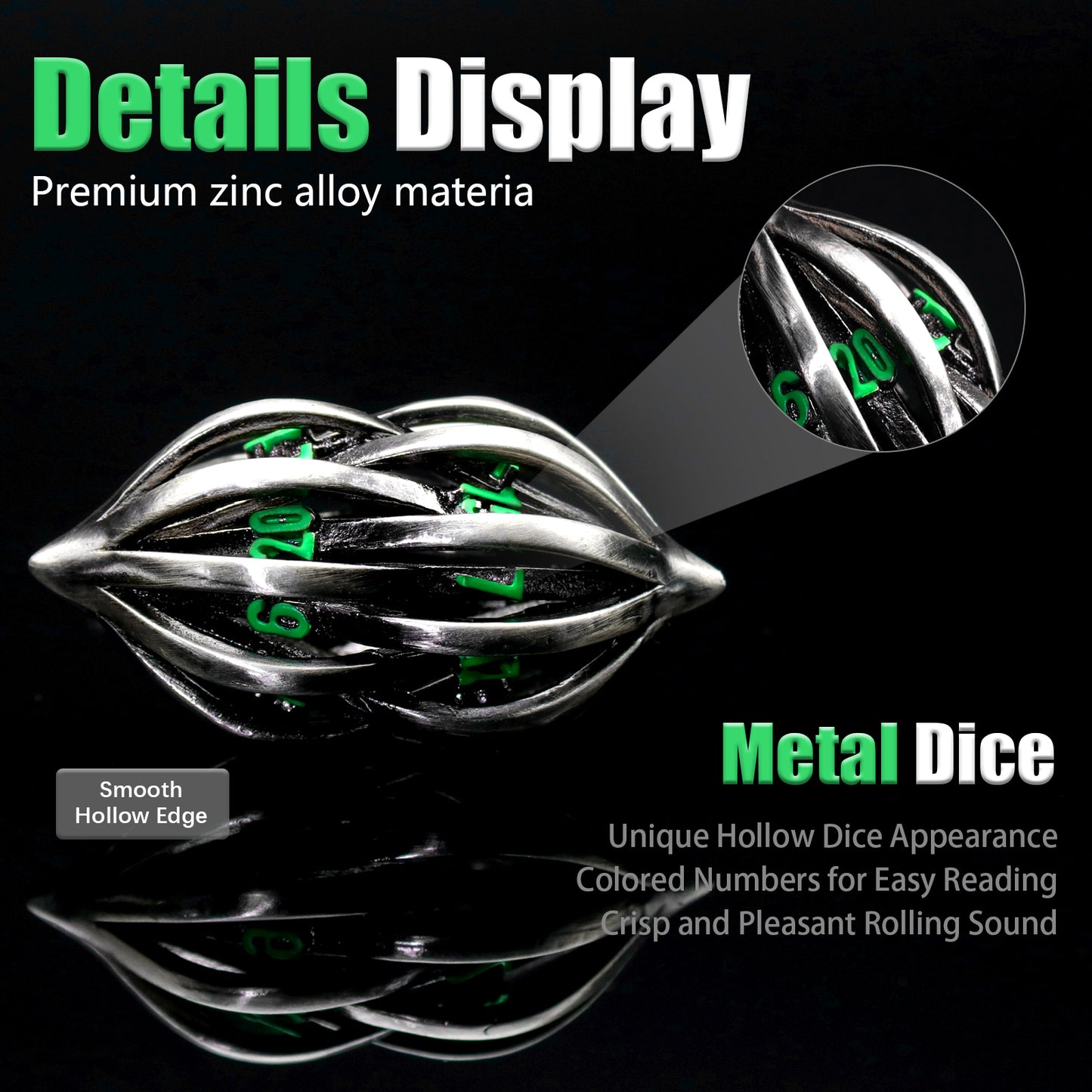 Arcanum DND Metal dice,Role Playing Gaming Dice Metal Dice Set D&D with Box Hollow Polyhedral Dice - Green Number