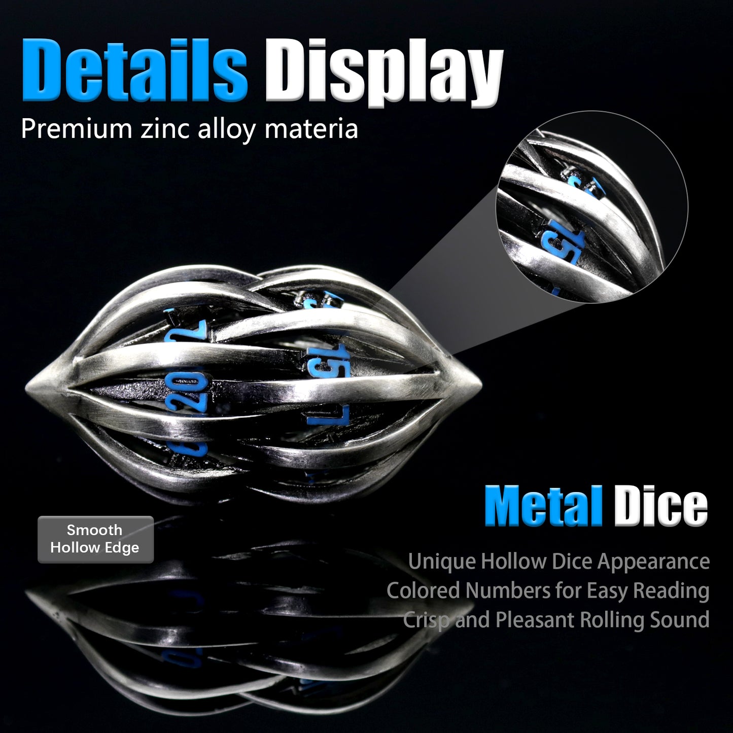 Arcanum DND Metal dice,Role Playing Gaming Dice Metal Dice Set D&D with Box Hollow Polyhedral Dice - Blue Number