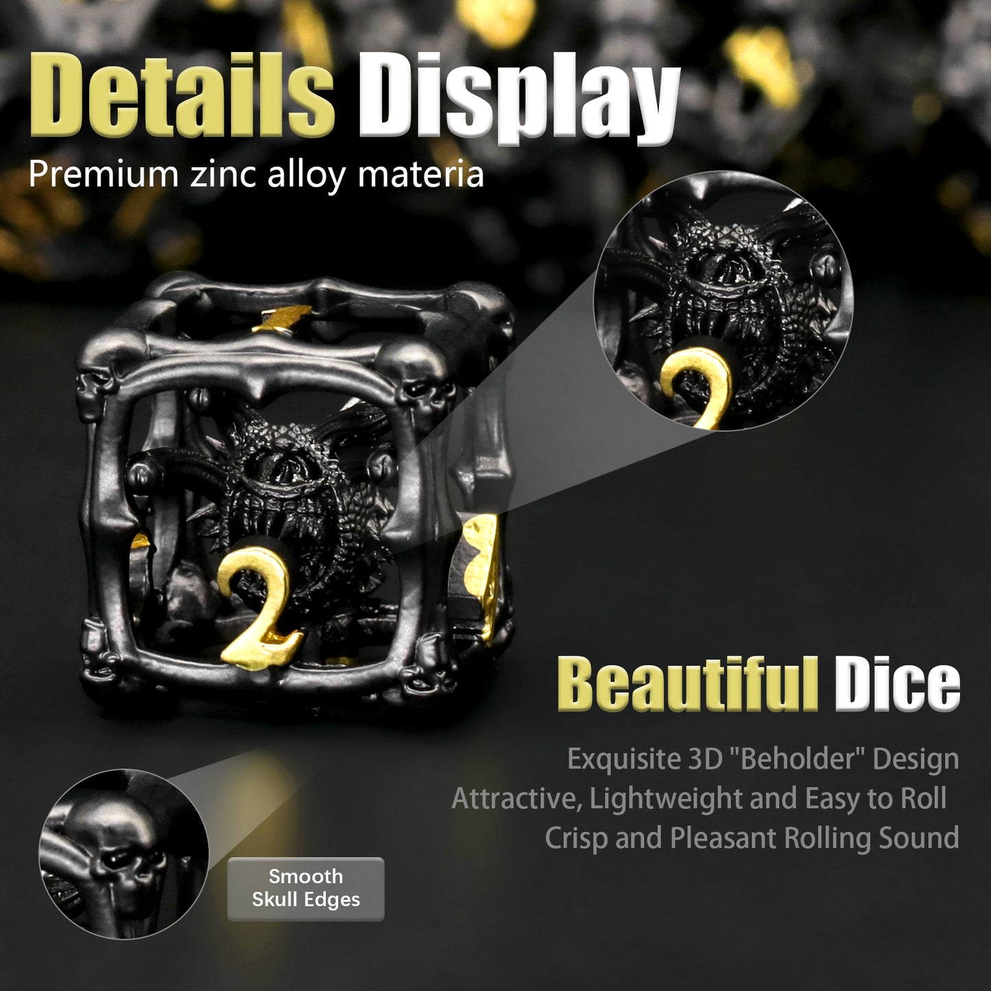 3D Eye Monster DND Metal Dice,7PC/Set Dice for Dungeons and Dragons Dices Polyhedral Dice - Black Gold