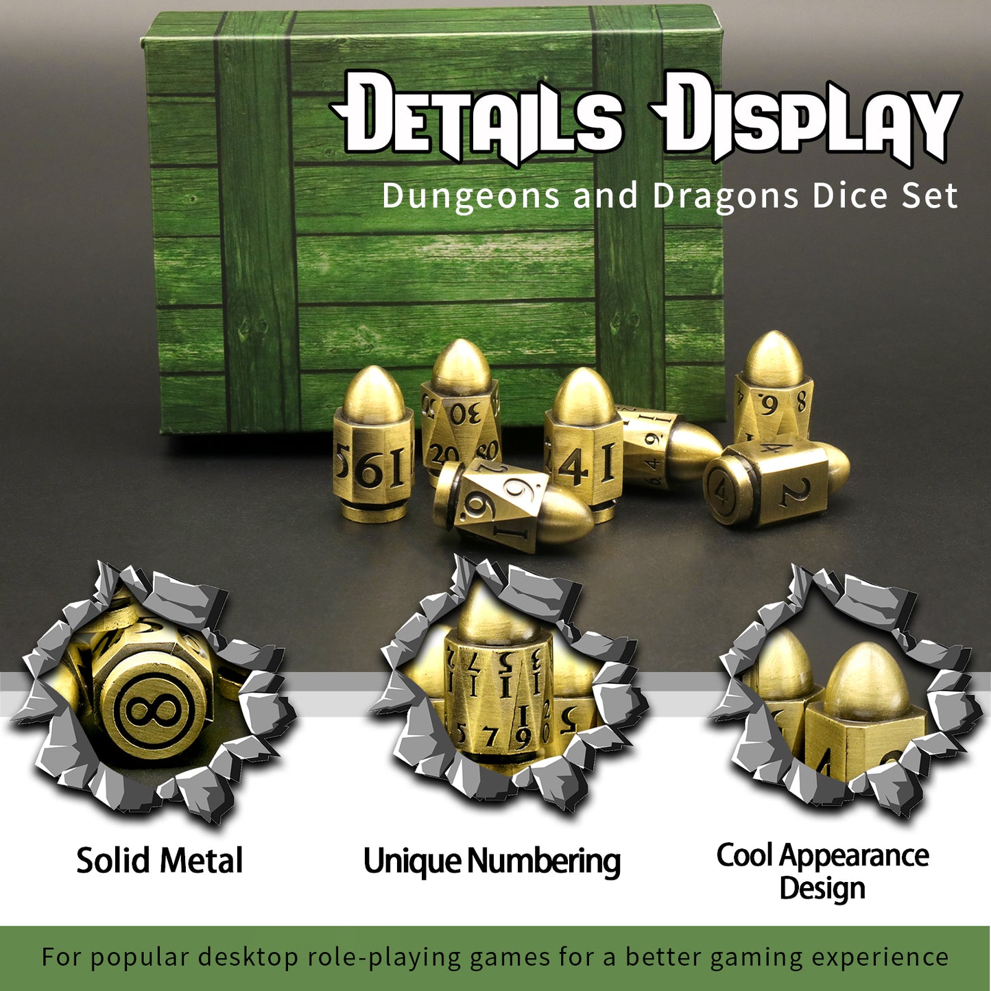 DND Metal Bullet Dice Set, Metal Dice for Dungeons and Dragons Dice Set D&D RPG D and D Dice - Bronze