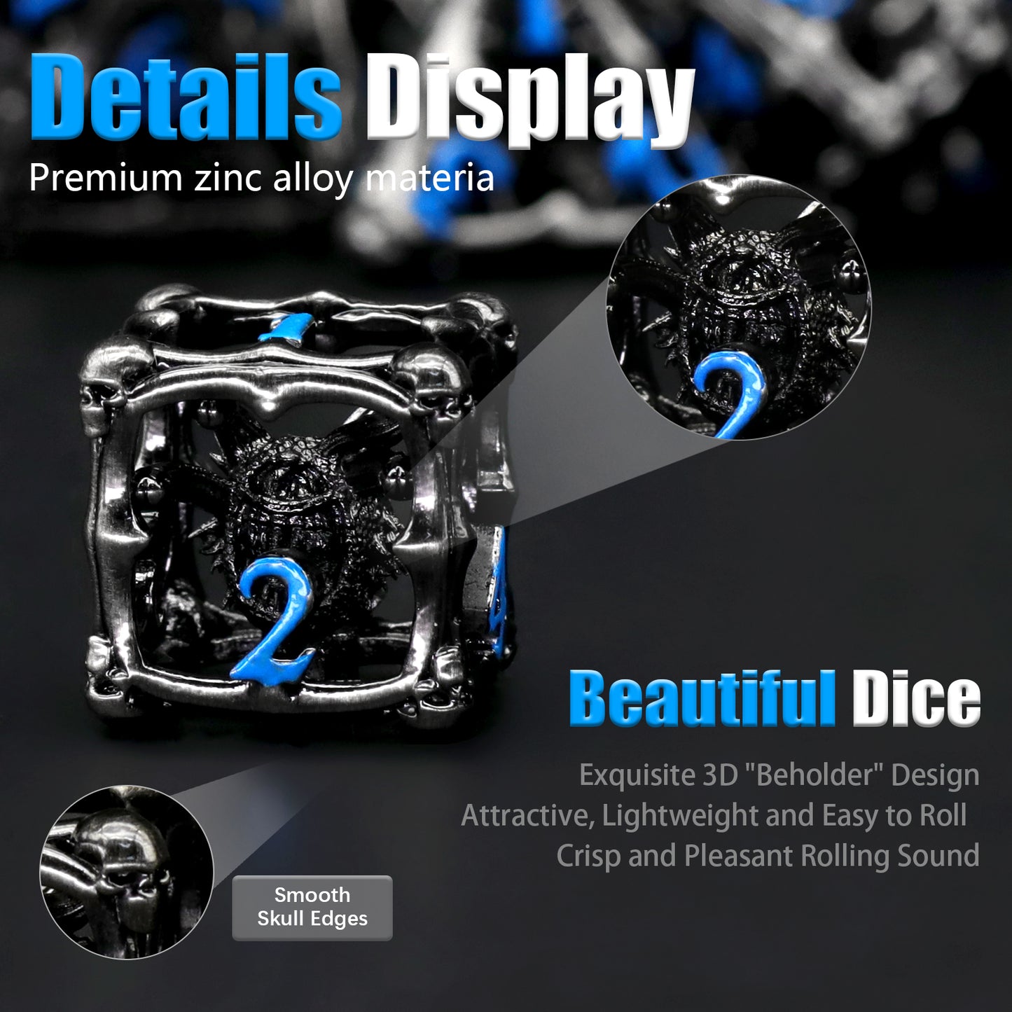 3D Eye Monster DND Metal Dice,7PC/Set Dice for Dungeons and Dragons Dices Polyhedral Dice - Blue Number