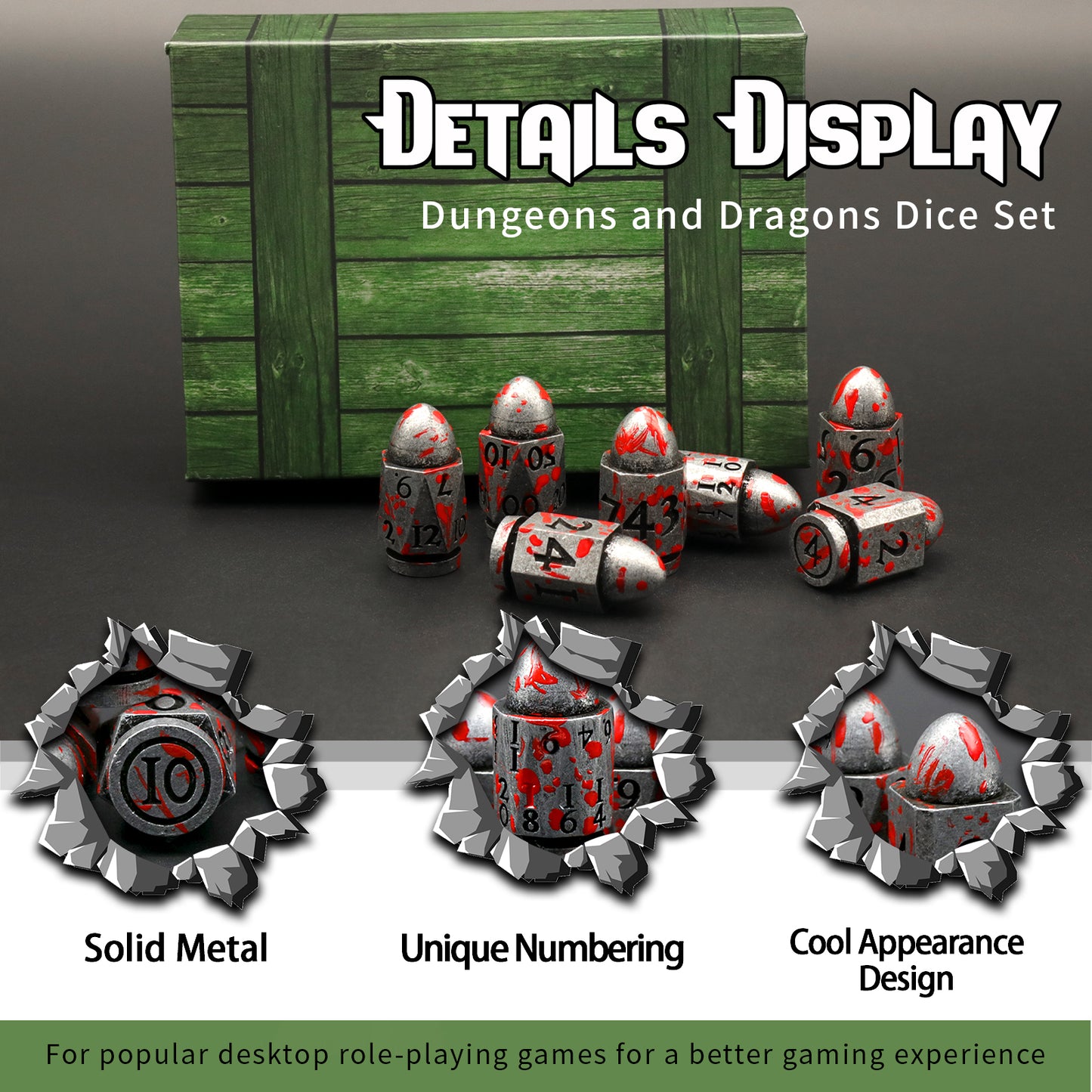 DND Metal Bullet Dice Set, Metal Dice for Dungeons and Dragons Dice Set D&D RPG D and D Dice - Blood Antique Sliver