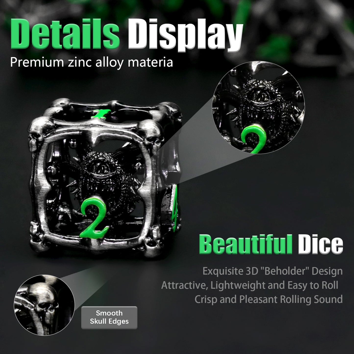 3D Eye Monster DND Metal Dice,7PC/Set Dice for Dungeons and Dragons Dices Polyhedral Dice - Green Number