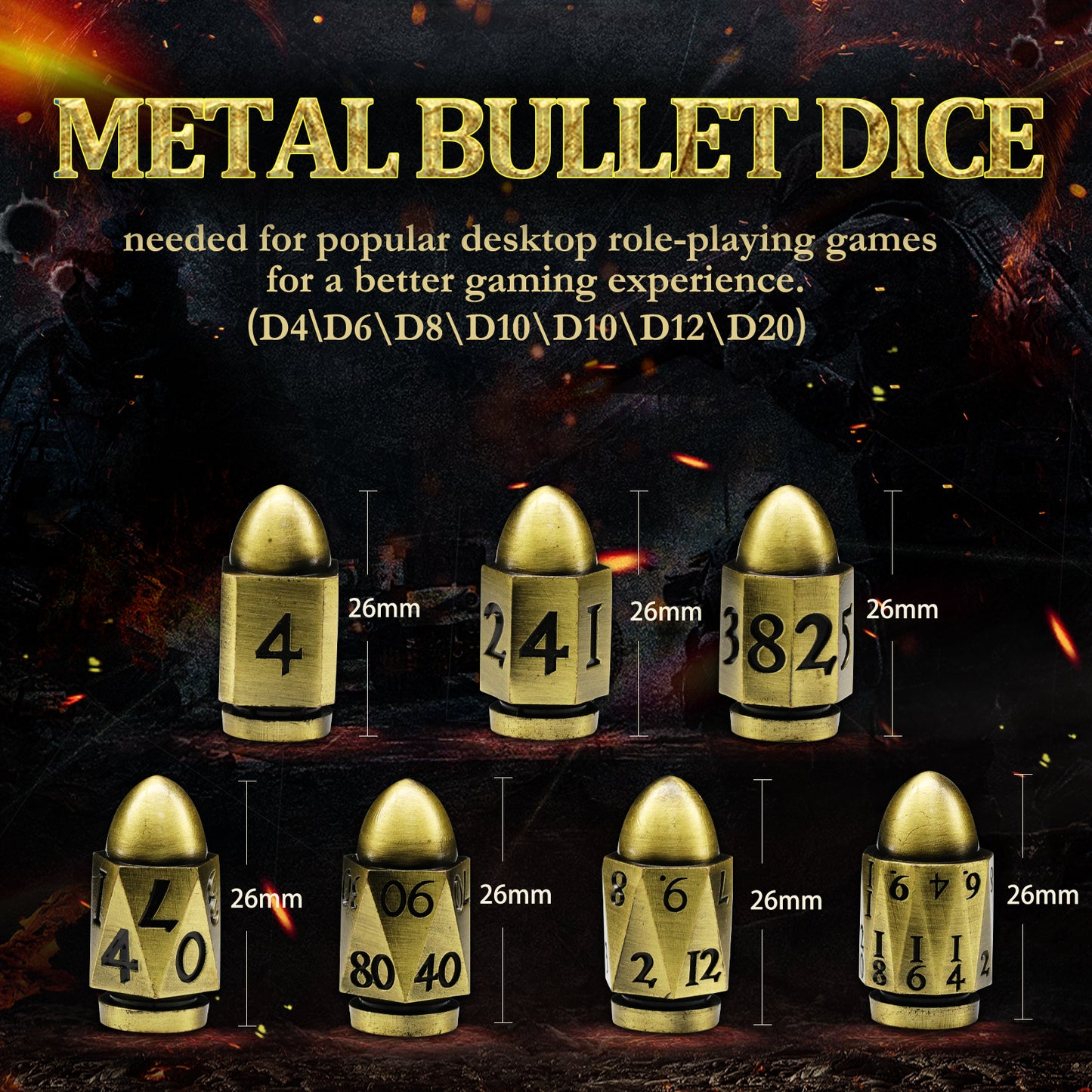 DND Metal Bullet Dice Set, Metal Dice for Dungeons and Dragons Dice Set D&D RPG D and D Dice - Bronze