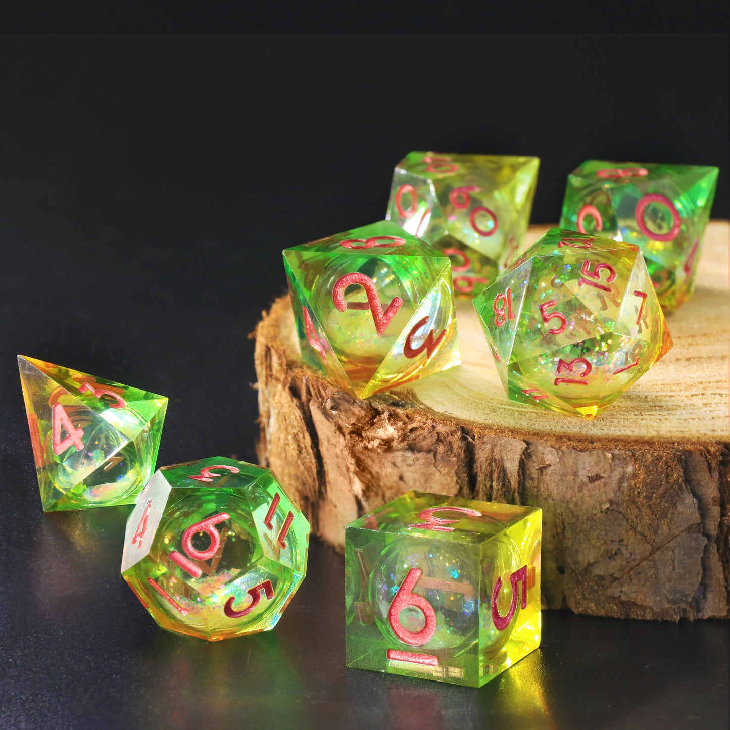 Liquid Core D&D Dice Set 7 Piece Sharp Edge Resin DND Dice - Liquid Yellow and Green