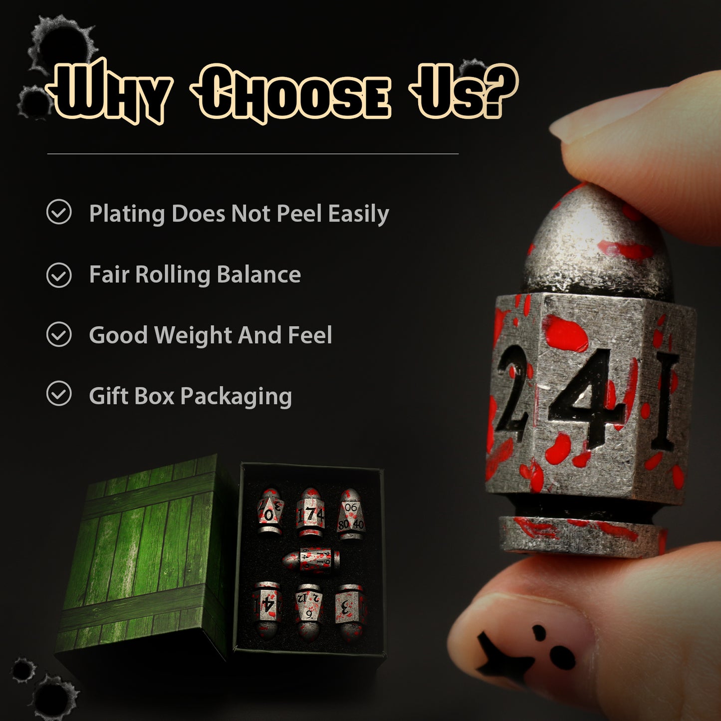 DND Metal Bullet Dice Set, Metal Dice for Dungeons and Dragons Dice Set D&D RPG D and D Dice - Blood Antique Sliver