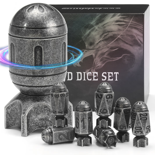Missile Metal Dice Set D&D of 7 with Spinning Missile Shaped Container -Antique Sliver