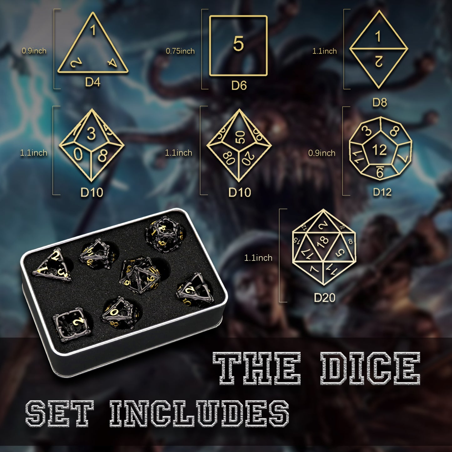3D Eye Monster DND Metal Dice,7PC/Set Dice for Dungeons and Dragons Dices Polyhedral Dice - Black Gold