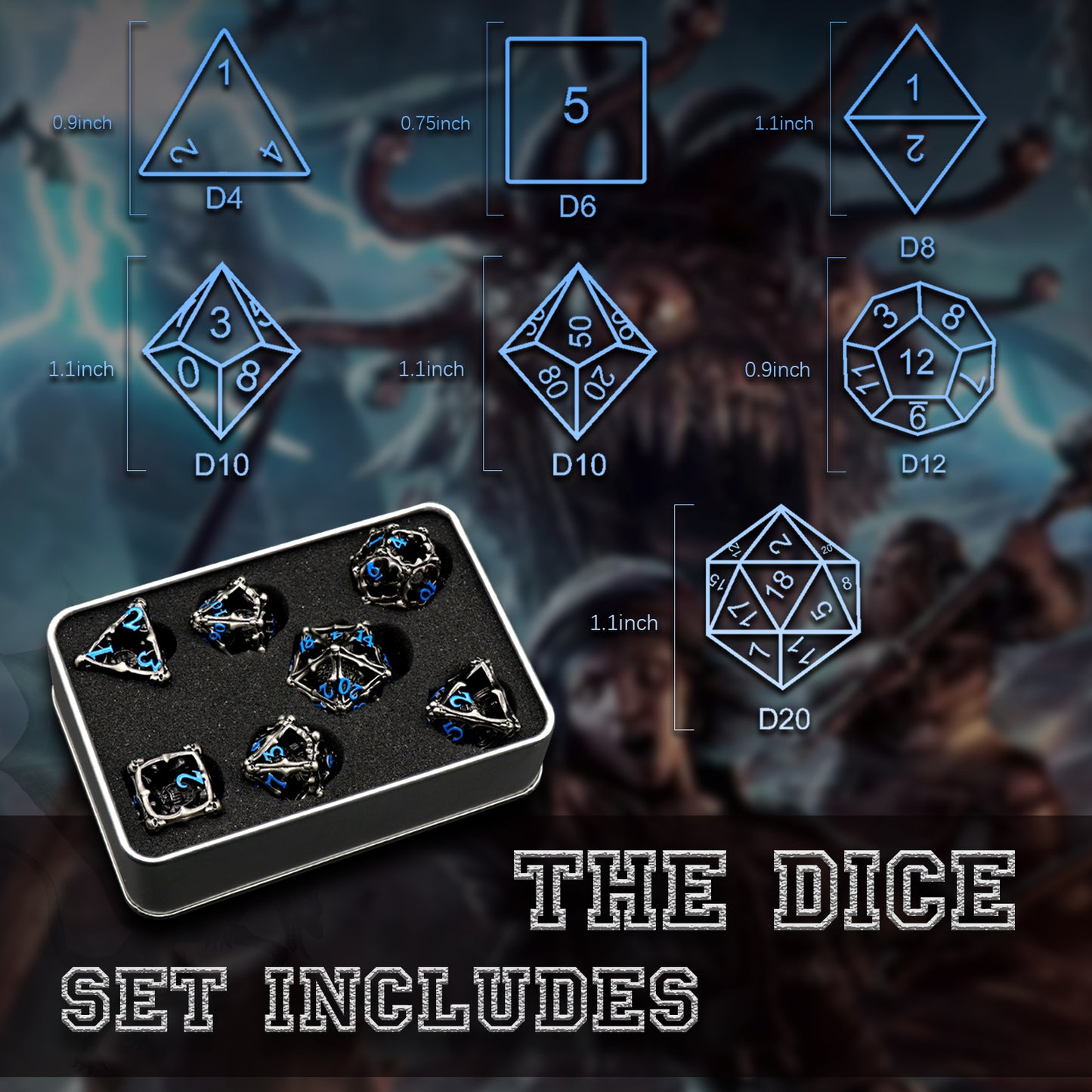 3D Eye Monster DND Metal Dice,7PC/Set Dice for Dungeons and Dragons Dices Polyhedral Dice - Blue Number