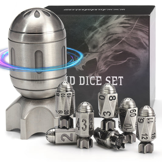 Missile Metal Dice Set D&D of 7 with Spinning Missile Shaped Container - Sliver