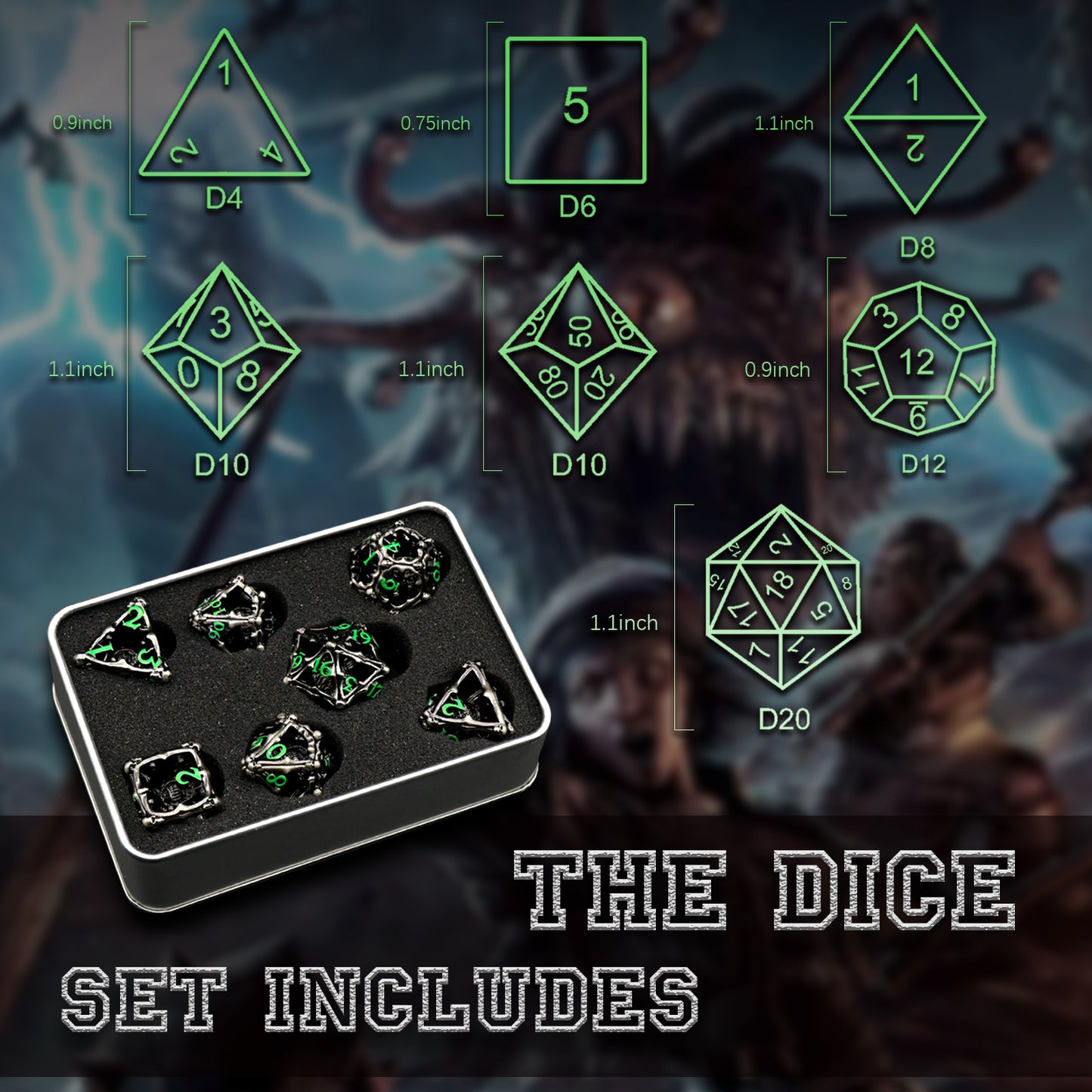 3D Eye Monster DND Metal Dice,7PC/Set Dice for Dungeons and Dragons Dices Polyhedral Dice - Green Number