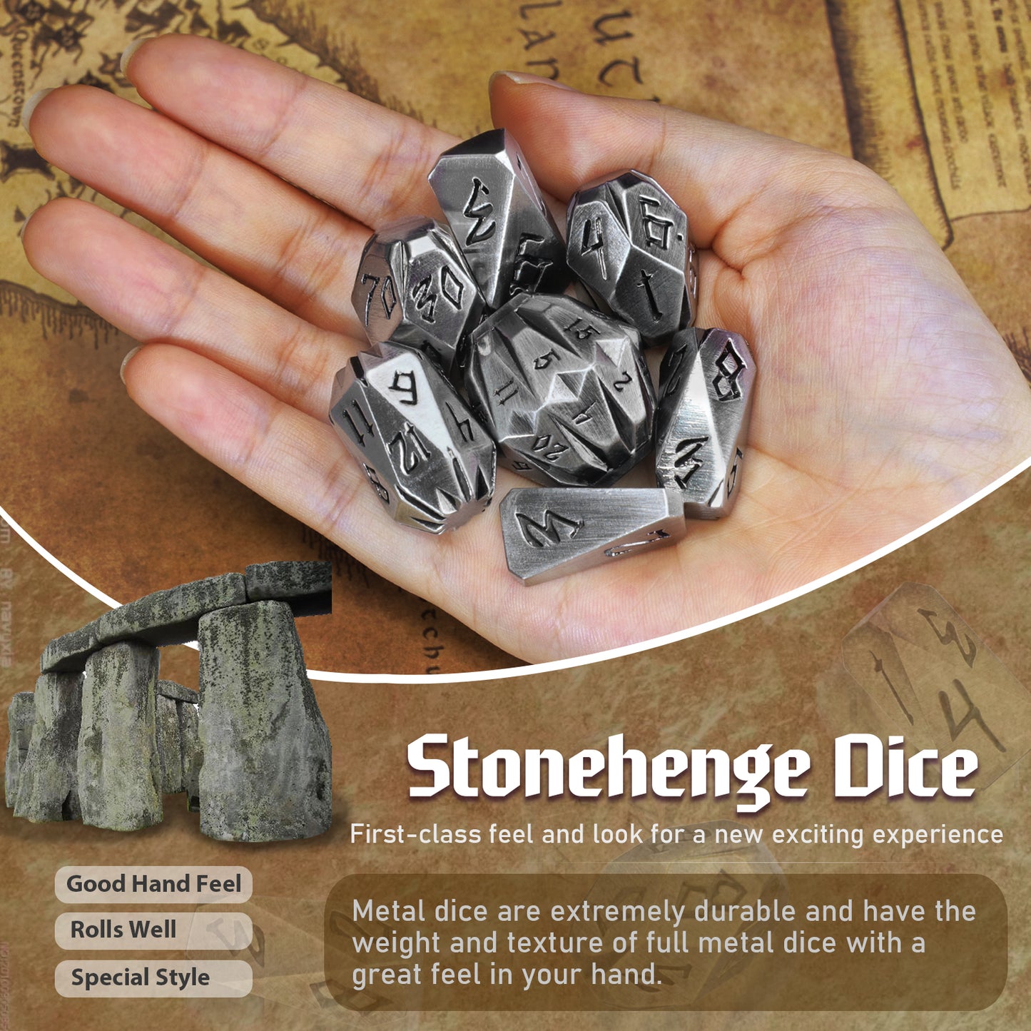 Dice DND Metal Polyhedral Dice Set Stonehenge Theme RPG Dice-Silver