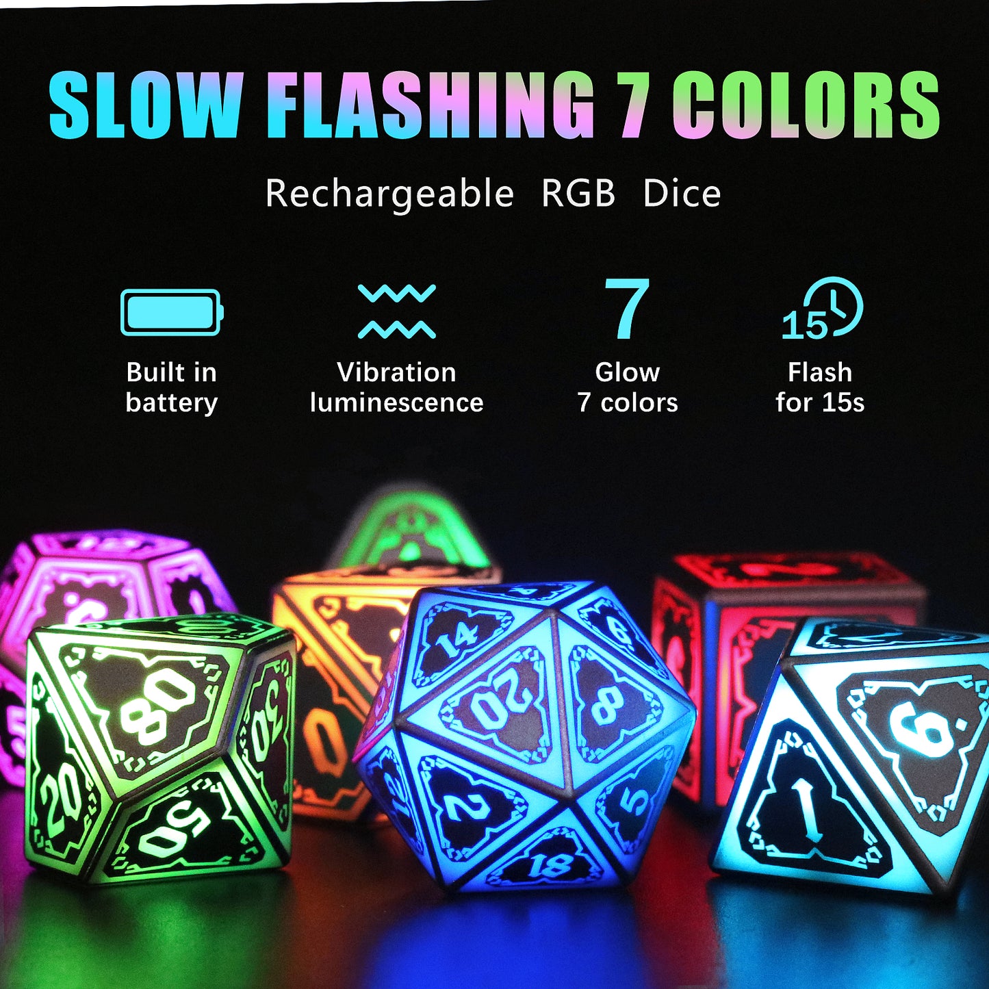 LED D&D Dice Set Wireless Charging Light up Dice, Rechargeable DND Dice Set (RGB Astral Shard)