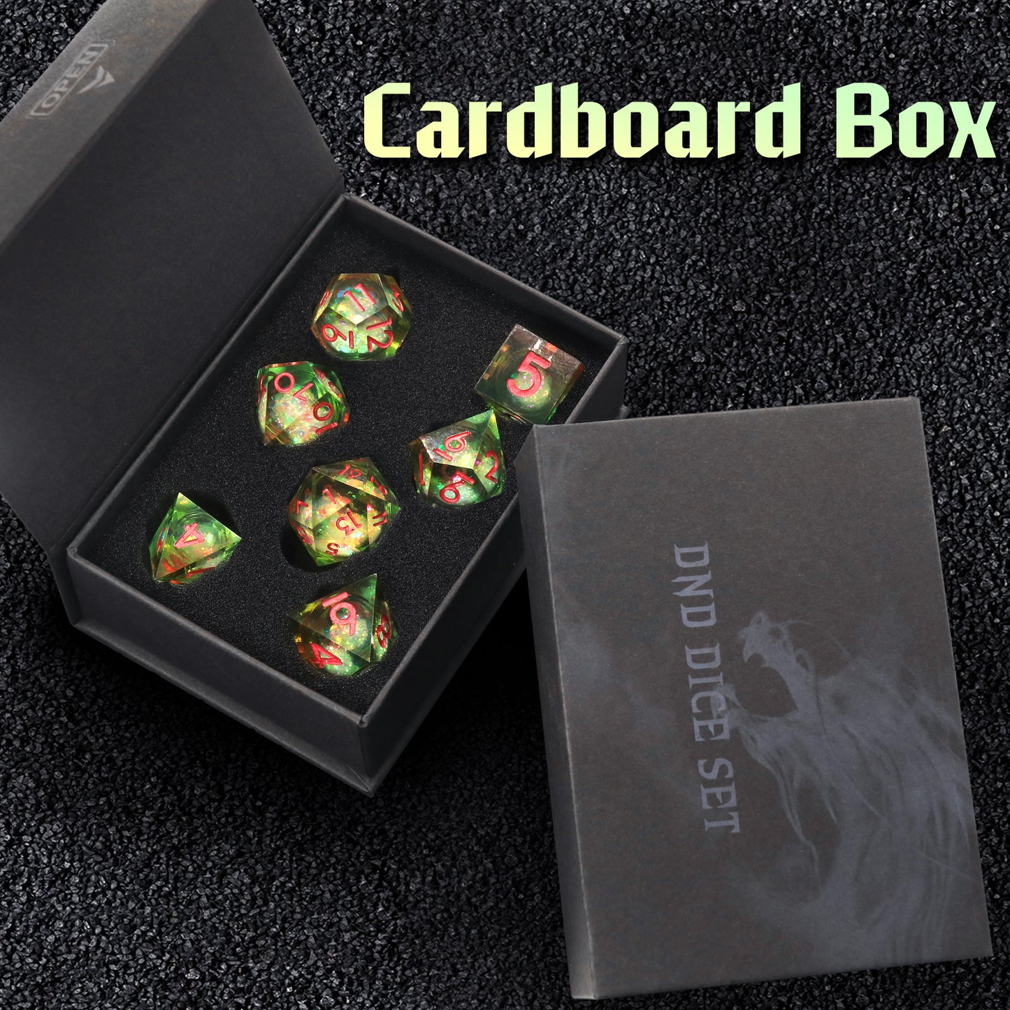 Liquid Core D&D Dice Set 7 Piece Sharp Edge Resin DND Dice - Liquid Yellow and Green