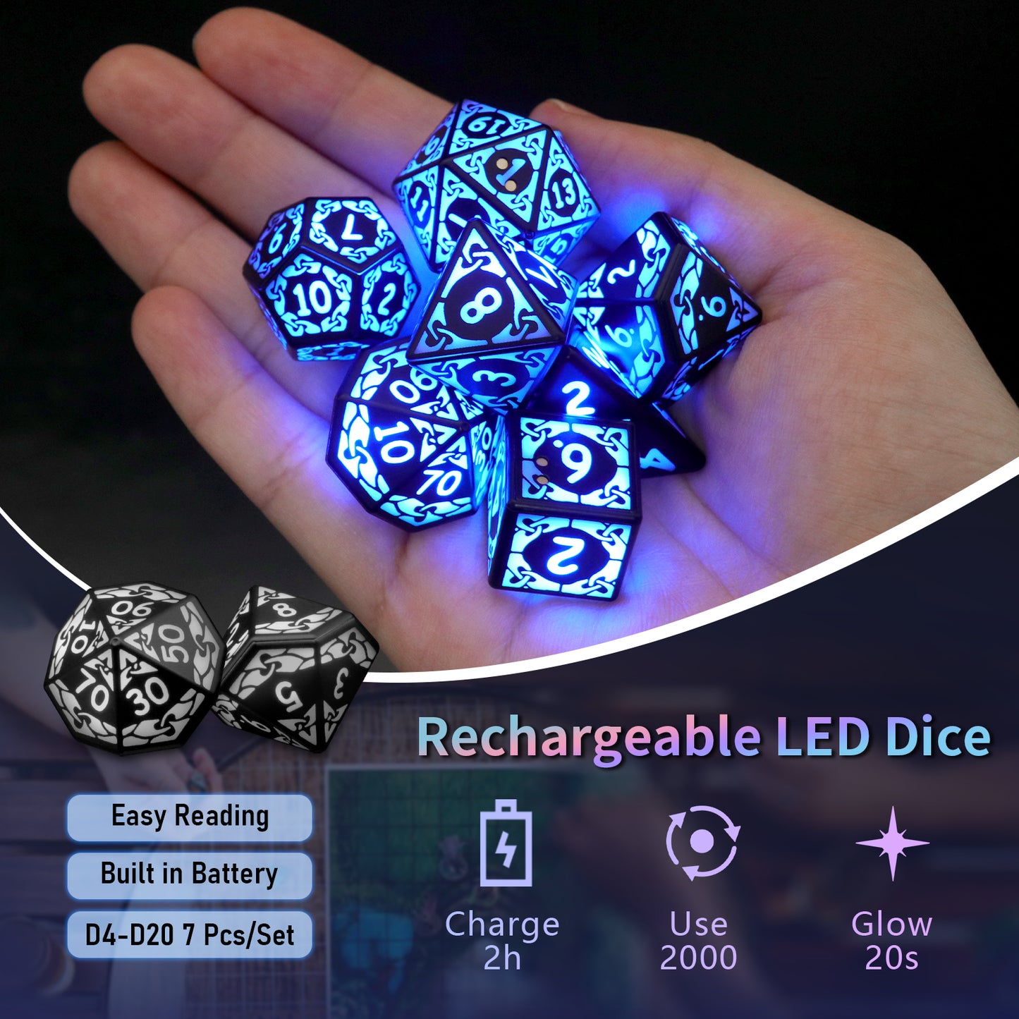 LED Dice Set 7PCS , DND Dice Rechargeable with Charging Box, Dungeon and Dragons Dice USB Port Charging,Blue Light up Dice For Role Playing Dice Table Games