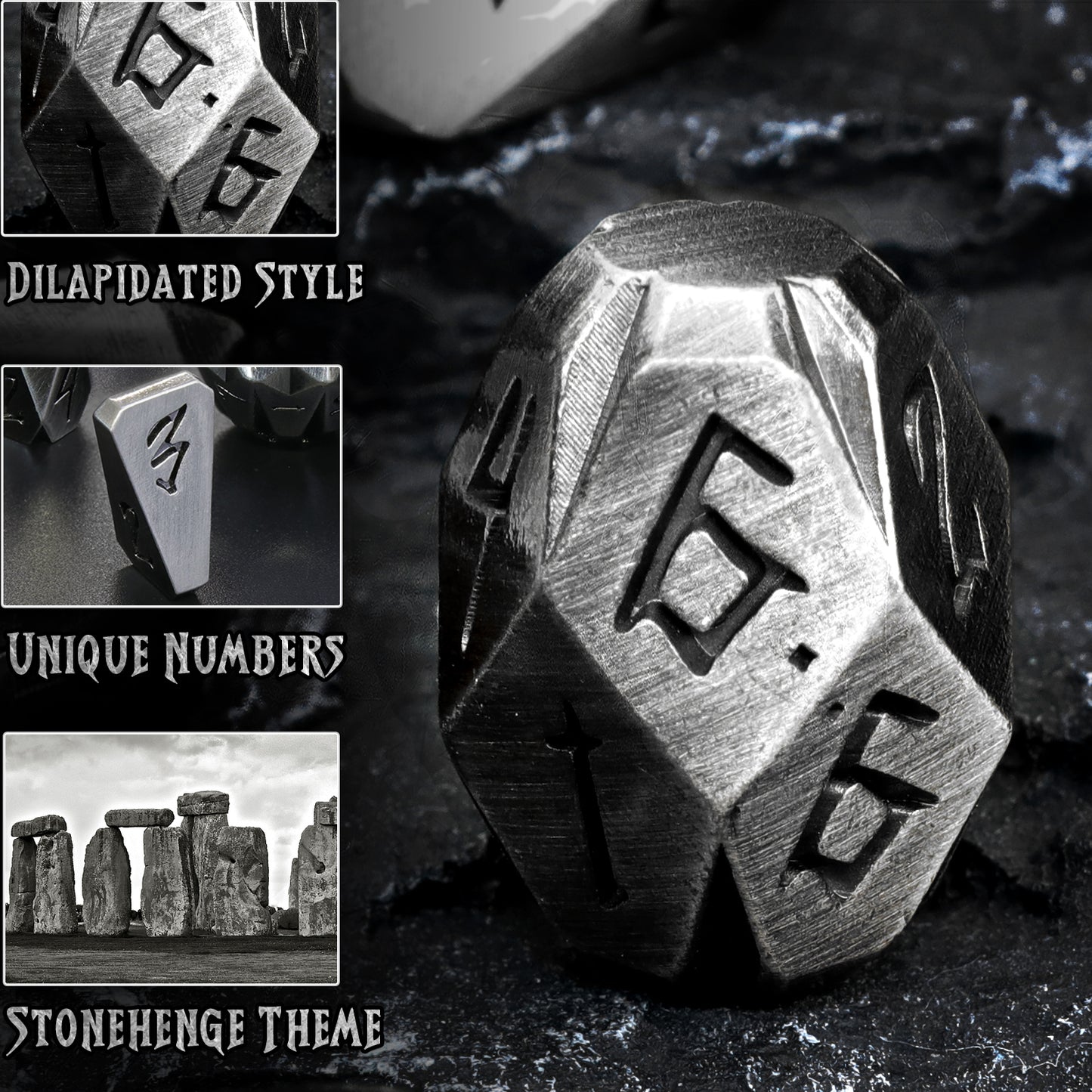 Dice DND Metal Polyhedral Dice Set Stonehenge Theme RPG Dice-Silver
