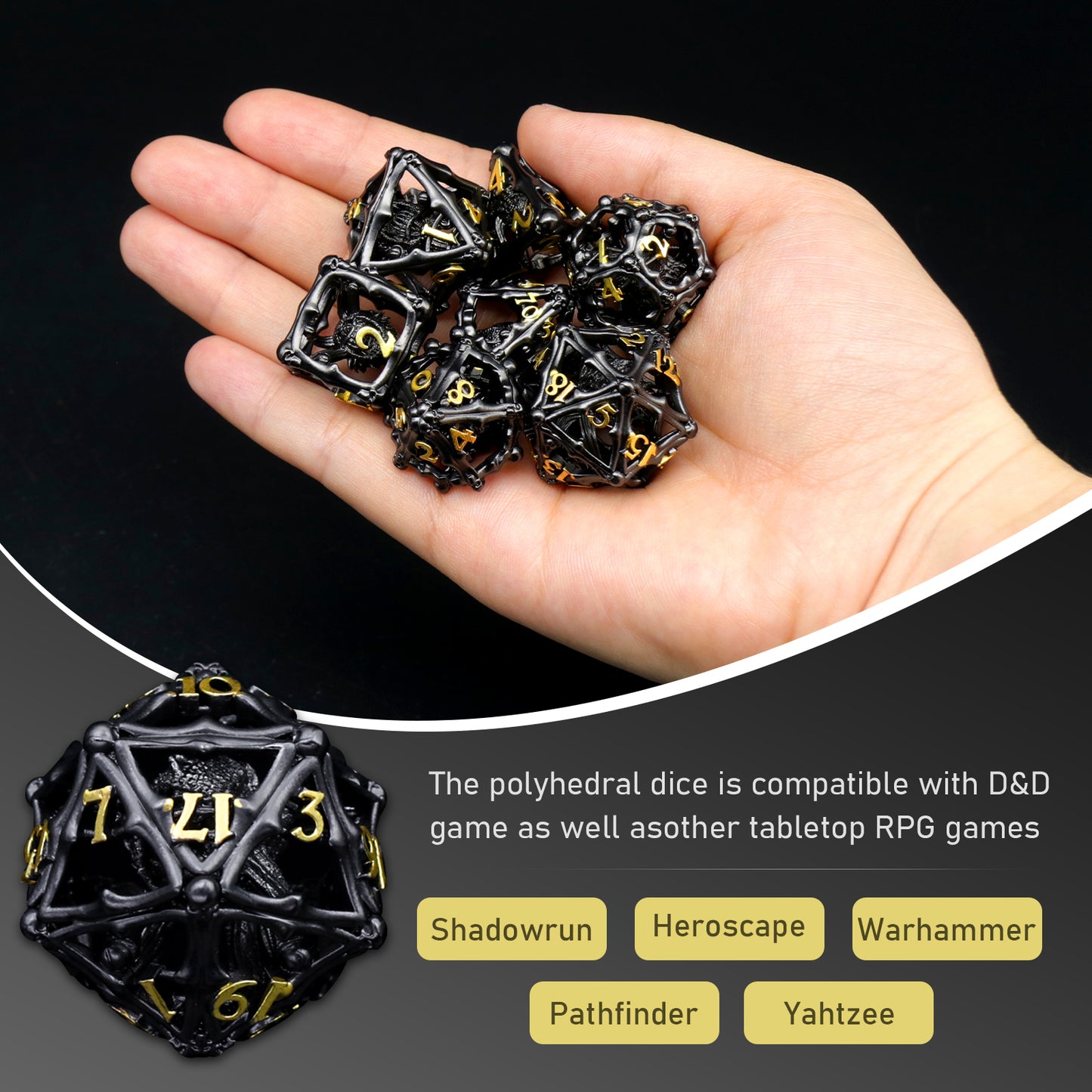 3D Eye Monster DND Metal Dice,7PC/Set Dice for Dungeons and Dragons Dices Polyhedral Dice - Black Gold