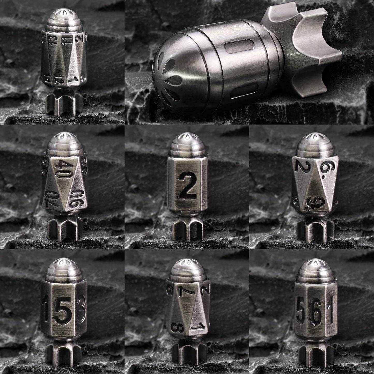 Missile Metal Dice Set D&D of 7 with Spinning Missile Shaped Container - Sliver