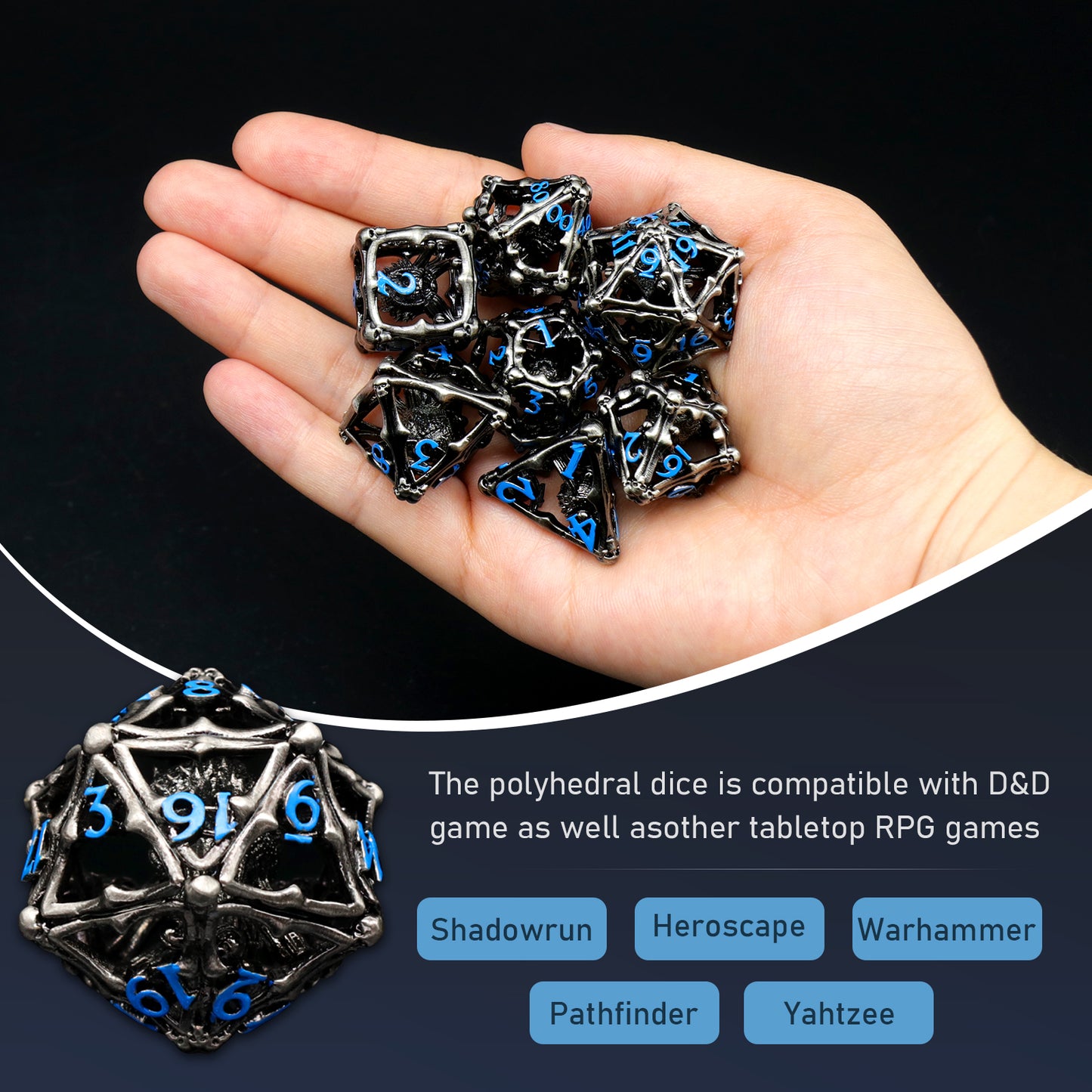 3D Eye Monster DND Metal Dice,7PC/Set Dice for Dungeons and Dragons Dices Polyhedral Dice - Blue Number