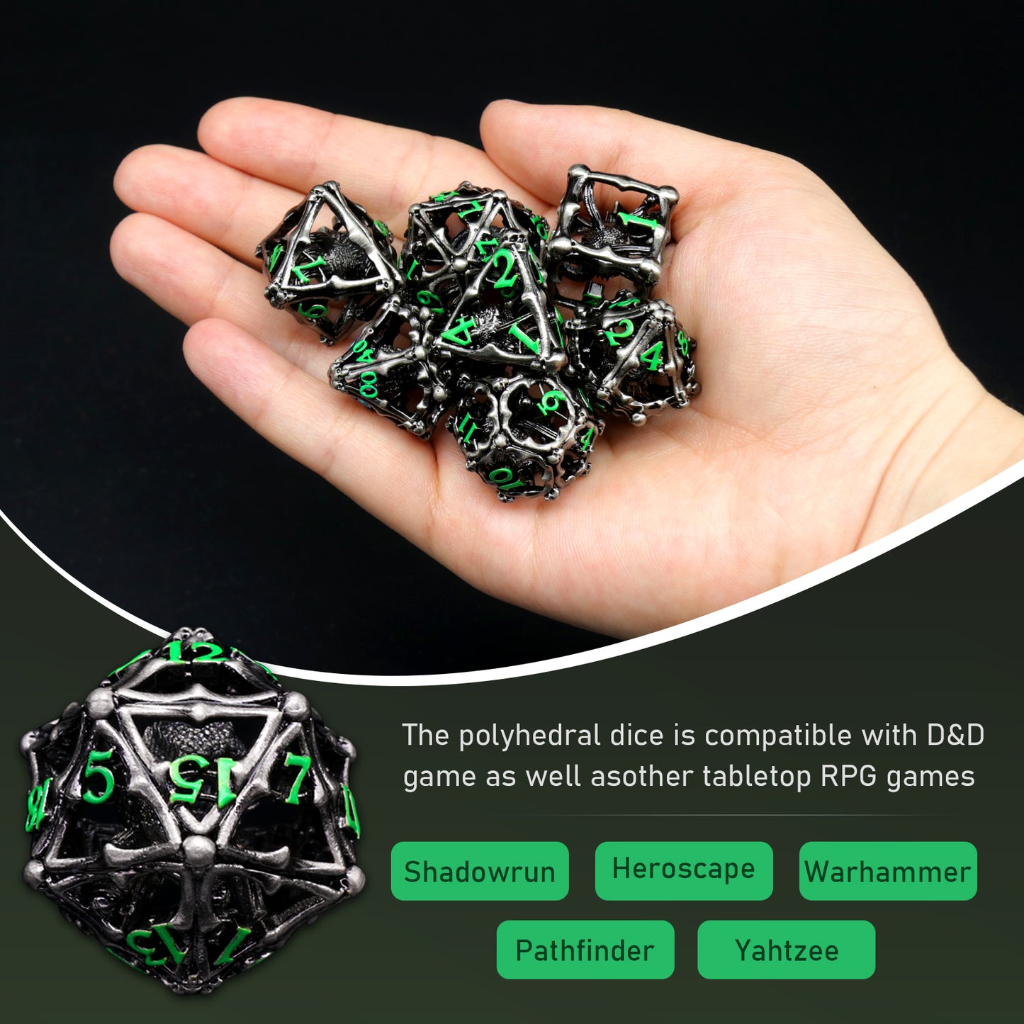 3D Eye Monster DND Metal Dice,7PC/Set Dice for Dungeons and Dragons Dices Polyhedral Dice - Green Number