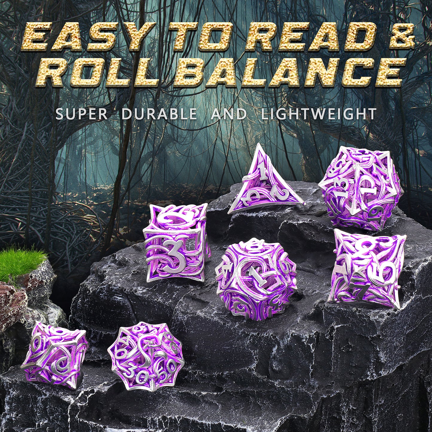Metal DND Dice Set of 7 Hollow Polyhedral Metal Vine Dice Set - Purple