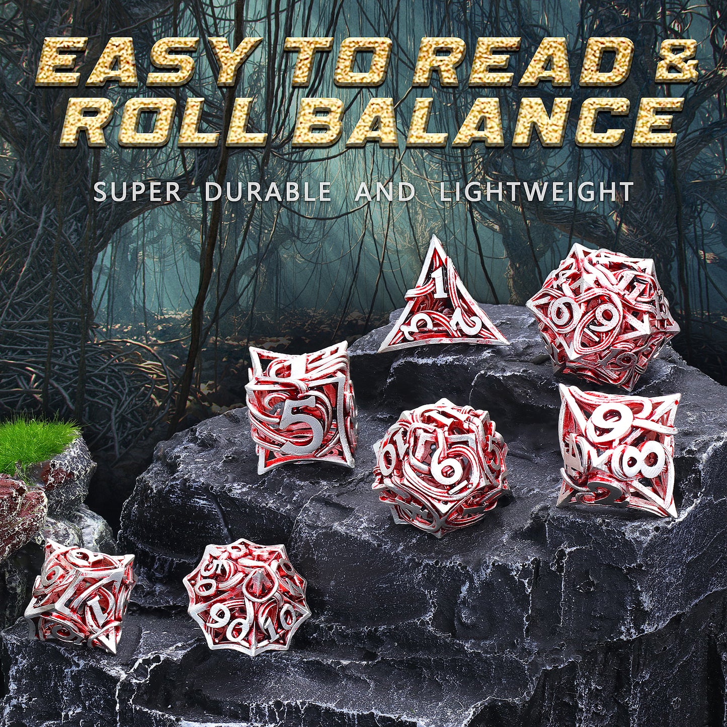 Metal DND Dice Set of 7 Hollow Polyhedral Metal Vine Dice Set - Red