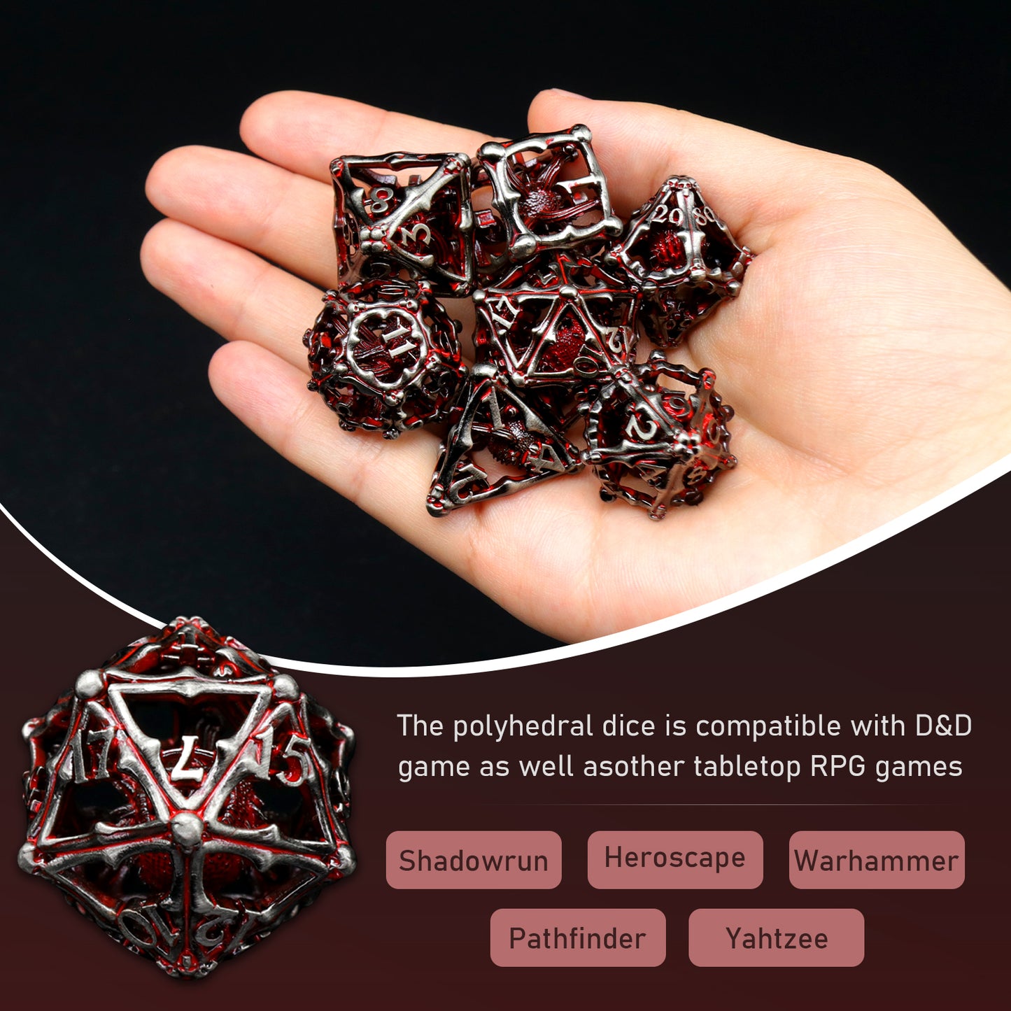 3D Eye Monster DND Metal Dice,7PC/Set Dice for Dungeons and Dragons Dices Polyhedral Dice - Blood Red