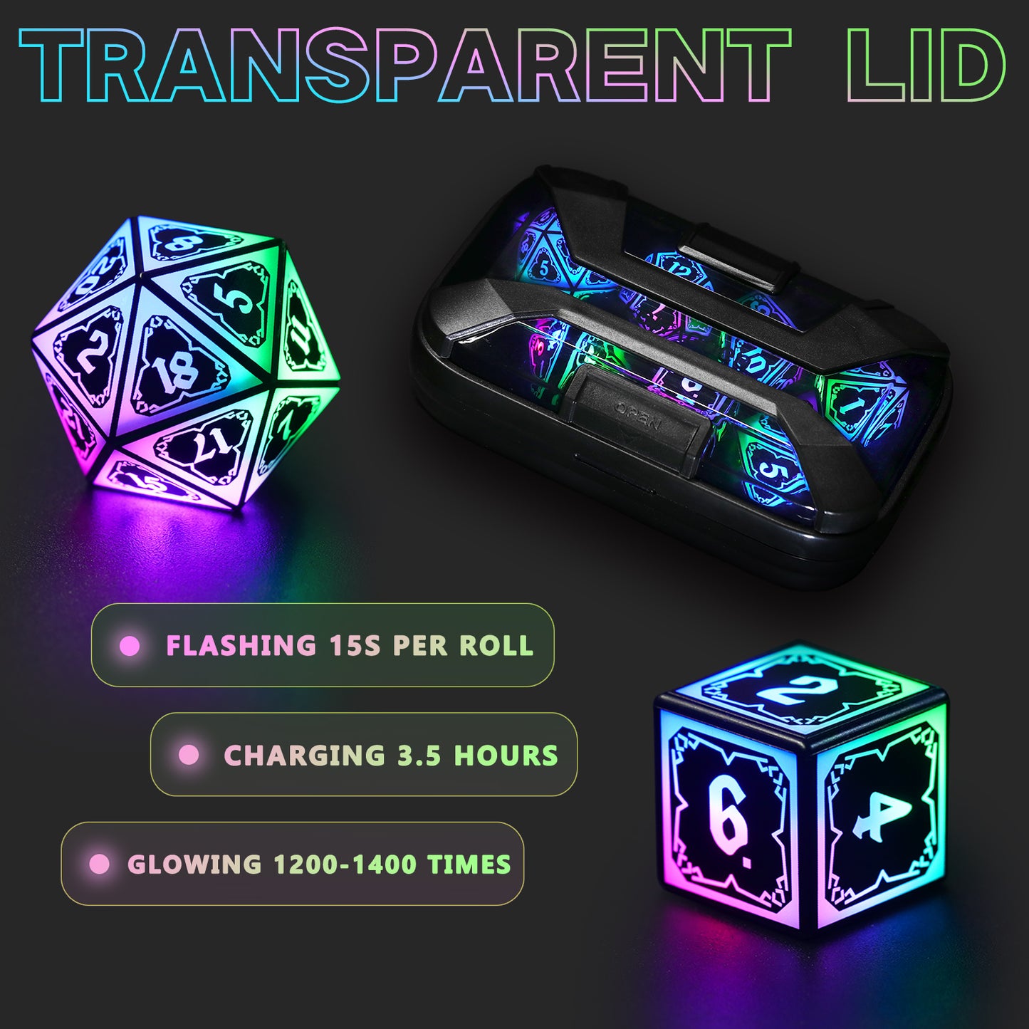 Light Up Dice Set D and D for Dungeons and Dragons 4 in 1 Color, Cool LED DND Dice with Charging Box Rechargeable Polyhedral Role Playing Dice for DND Gifts RPG (Astral Shard Mixed Colors)