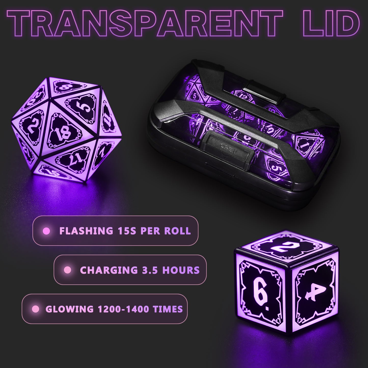 Light up DND Dice Set Rechargeable,Cool LED D and D Dice 7pcs with Charging Box Polyhedral Dungeons and Dragons RPG Dice Set for Role Playing Table Game(Astral Shard Purple)