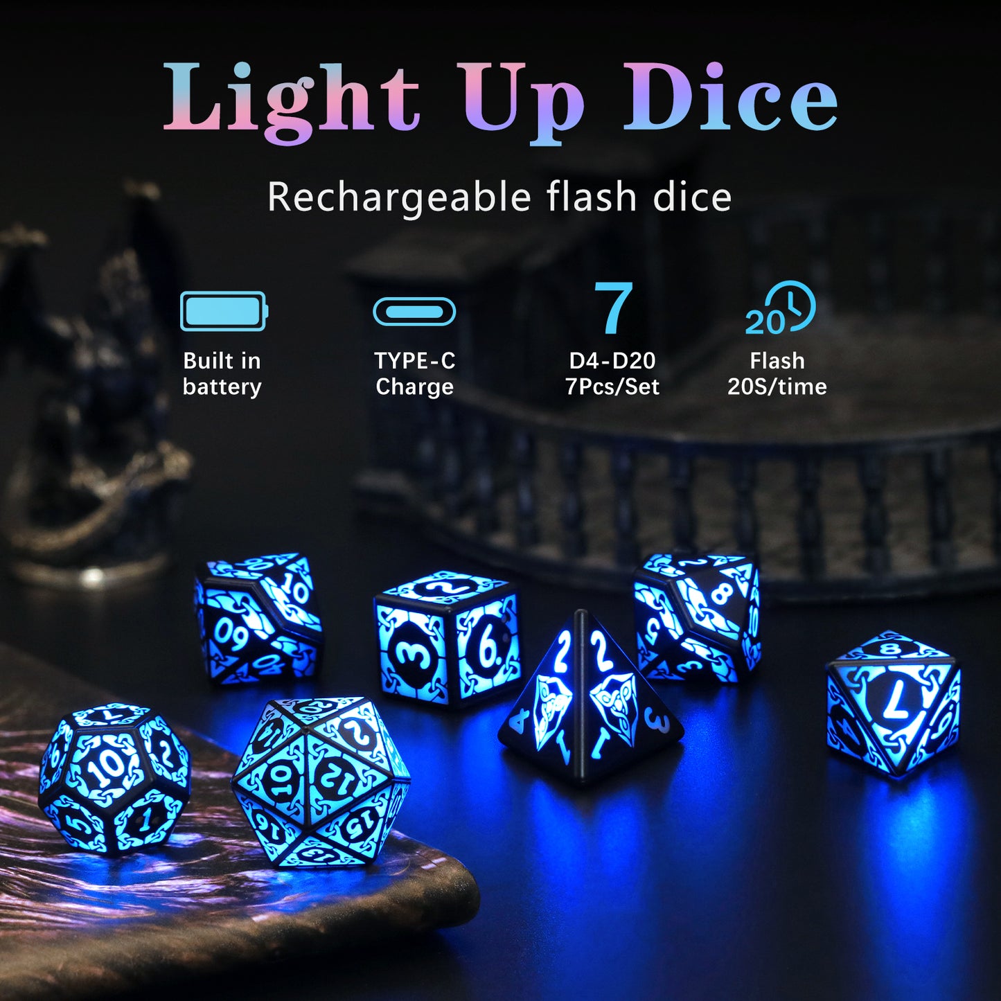 LED Dice Set 7PCS , DND Dice Rechargeable with Charging Box, Dungeon and Dragons Dice USB Port Charging,Blue Light up Dice For Role Playing Dice Table Games